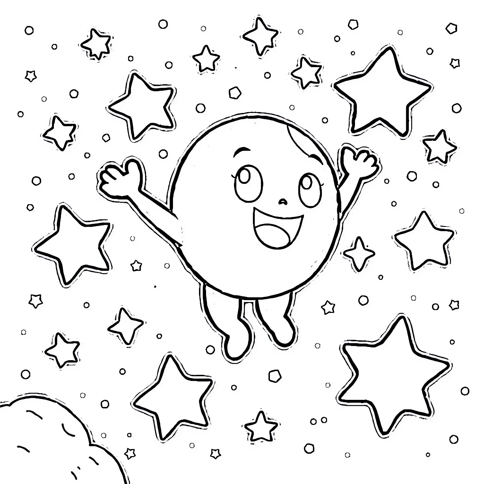 Bluey jumping happily among the stars Coloring Page (free black-and-white line drawing printable PDF for all, from beginners to advanced learners, including children, teens, adults, and seniors)
