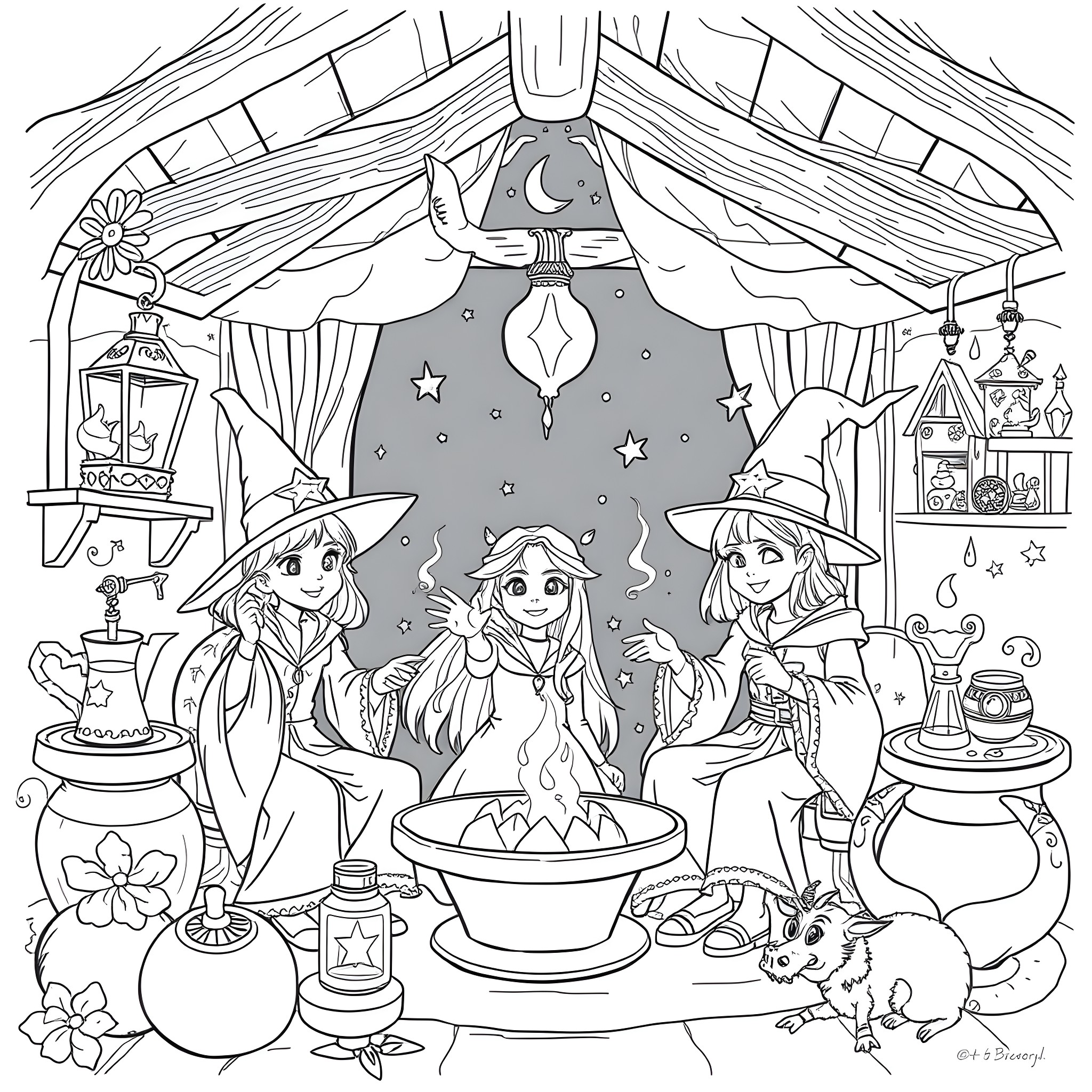 Wizard-themed scene with three figures and magical elements Coloring Page (free black-and-white line drawing printable PDF for all, from beginners to advanced learners, including children, teens, adults, and seniors)