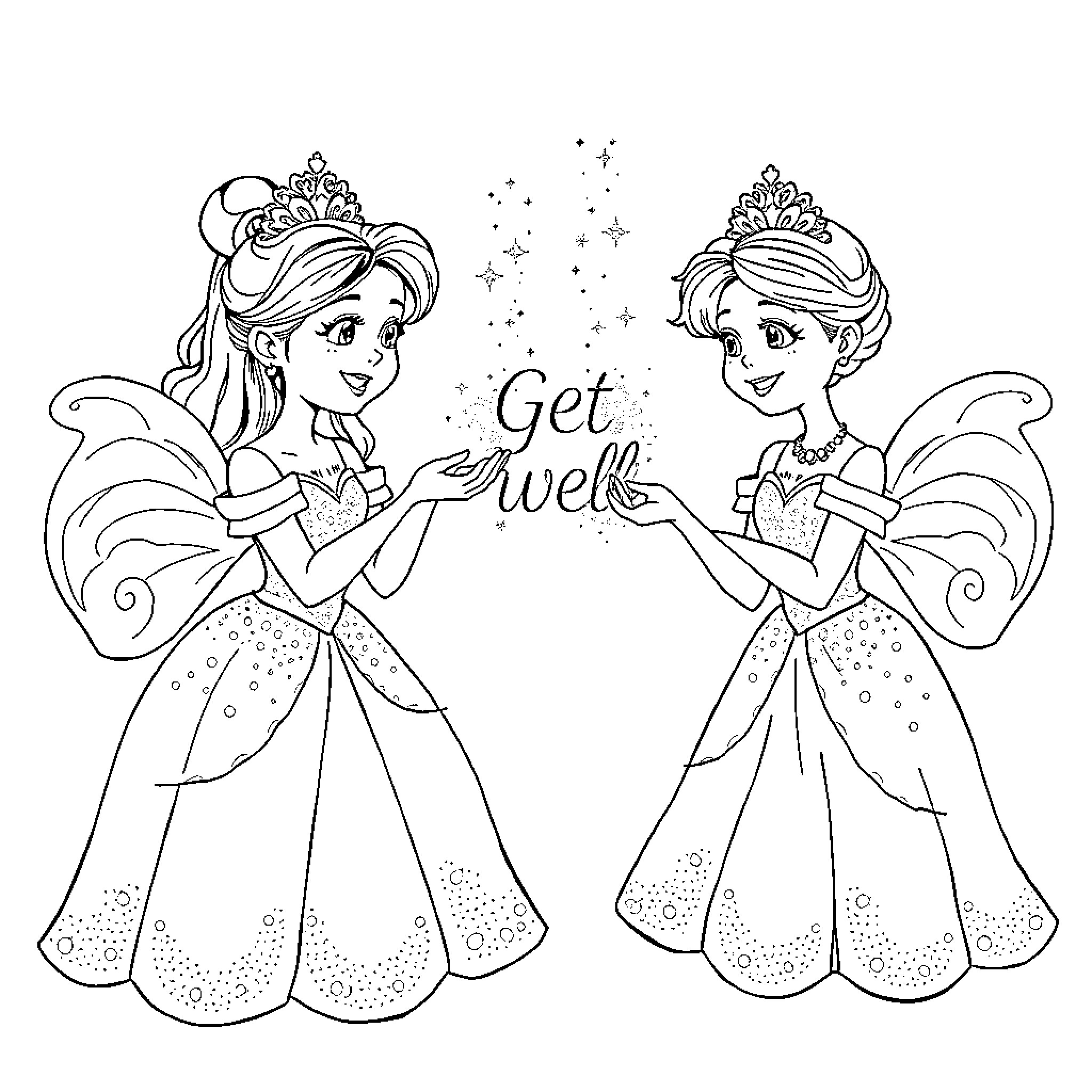 Princess Sisters Encouraging Each Other Coloring Page (free black-and-white line drawing printable PDF for all, from beginners to advanced learners, including children, teens, adults, and seniors)
