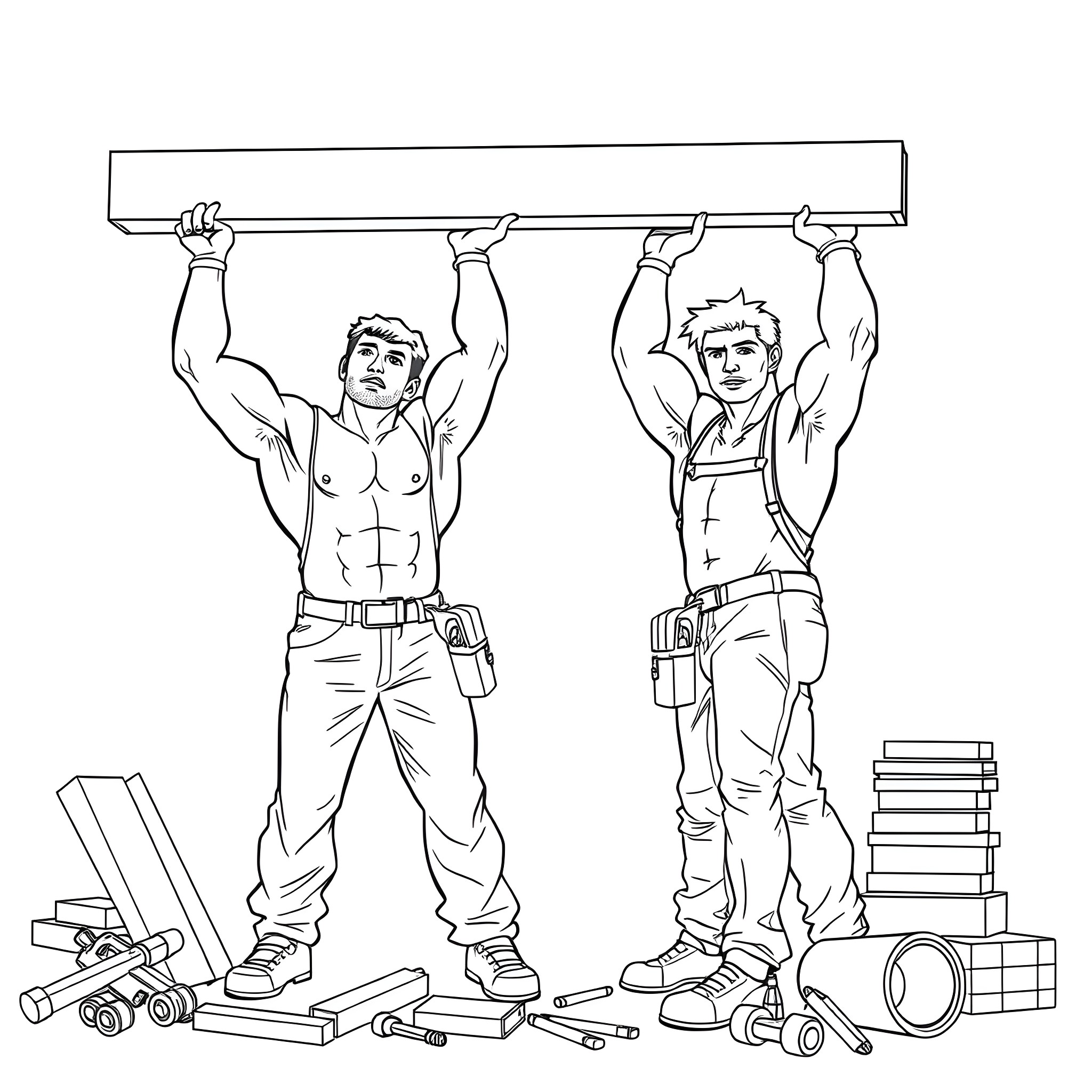 Men at work lifting heavy object Coloring Page (free black-and-white line drawing printable PDF for all, from beginners to advanced learners, including children, teens, adults, and seniors)