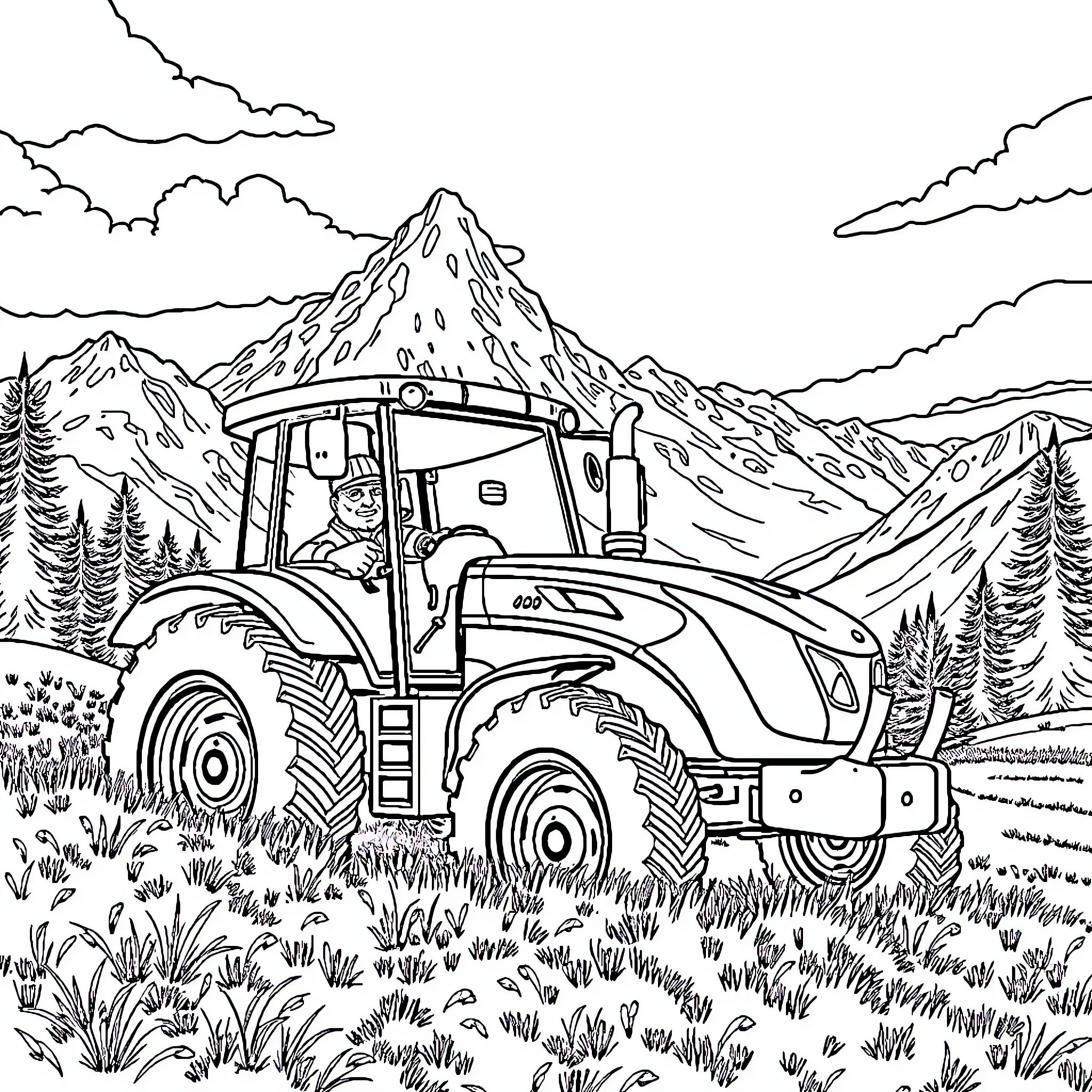 Tractor Navigating Scenic Mountain Landscape Coloring Page (free black-and-white line drawing printable PDF for all, from beginners to advanced learners, including children, teens, adults, and seniors)