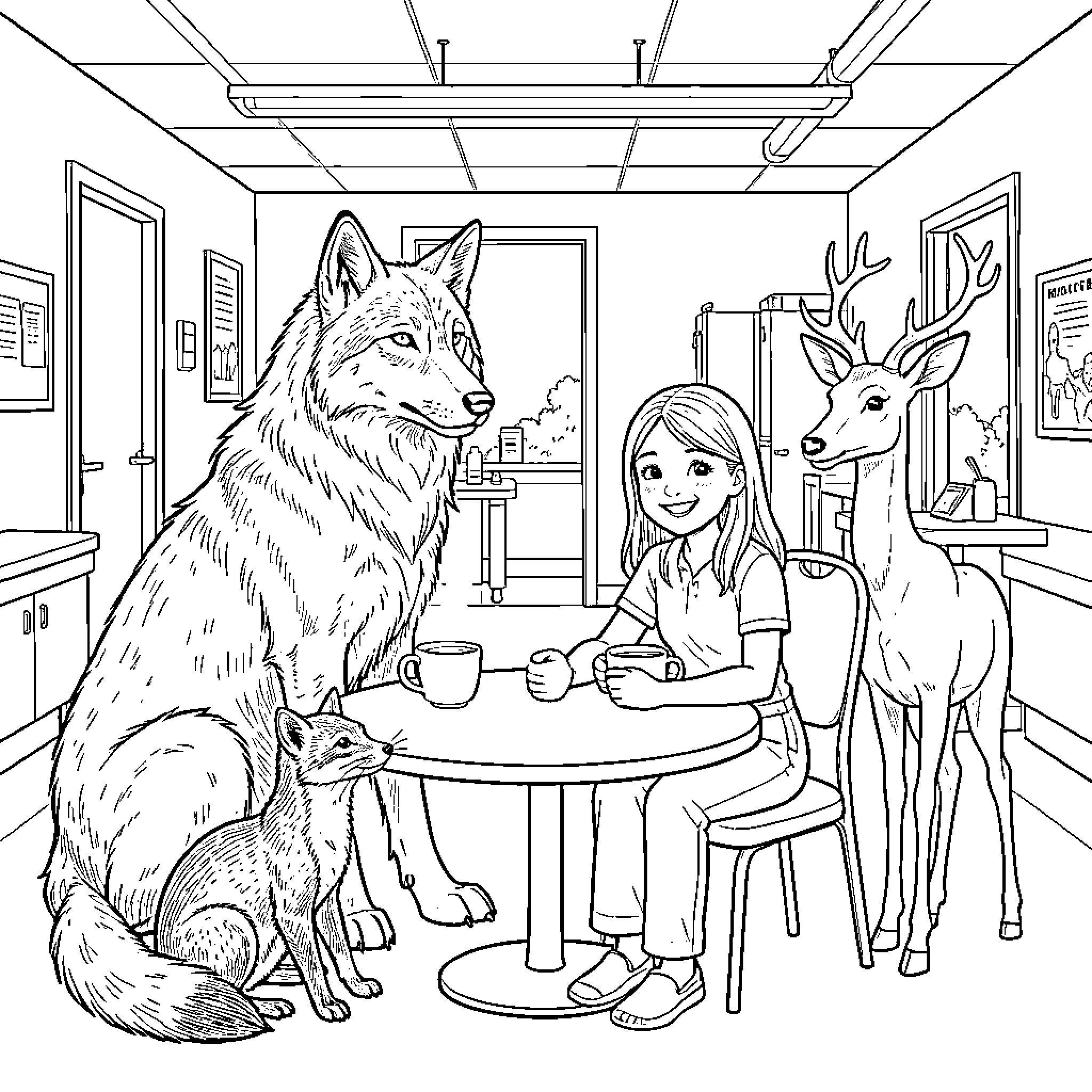 Loup's Cozy Animal Companion Gathering Coloring Page (free black-and-white line drawing printable PDF for all, from beginners to advanced learners, including children, teens, adults, and seniors)