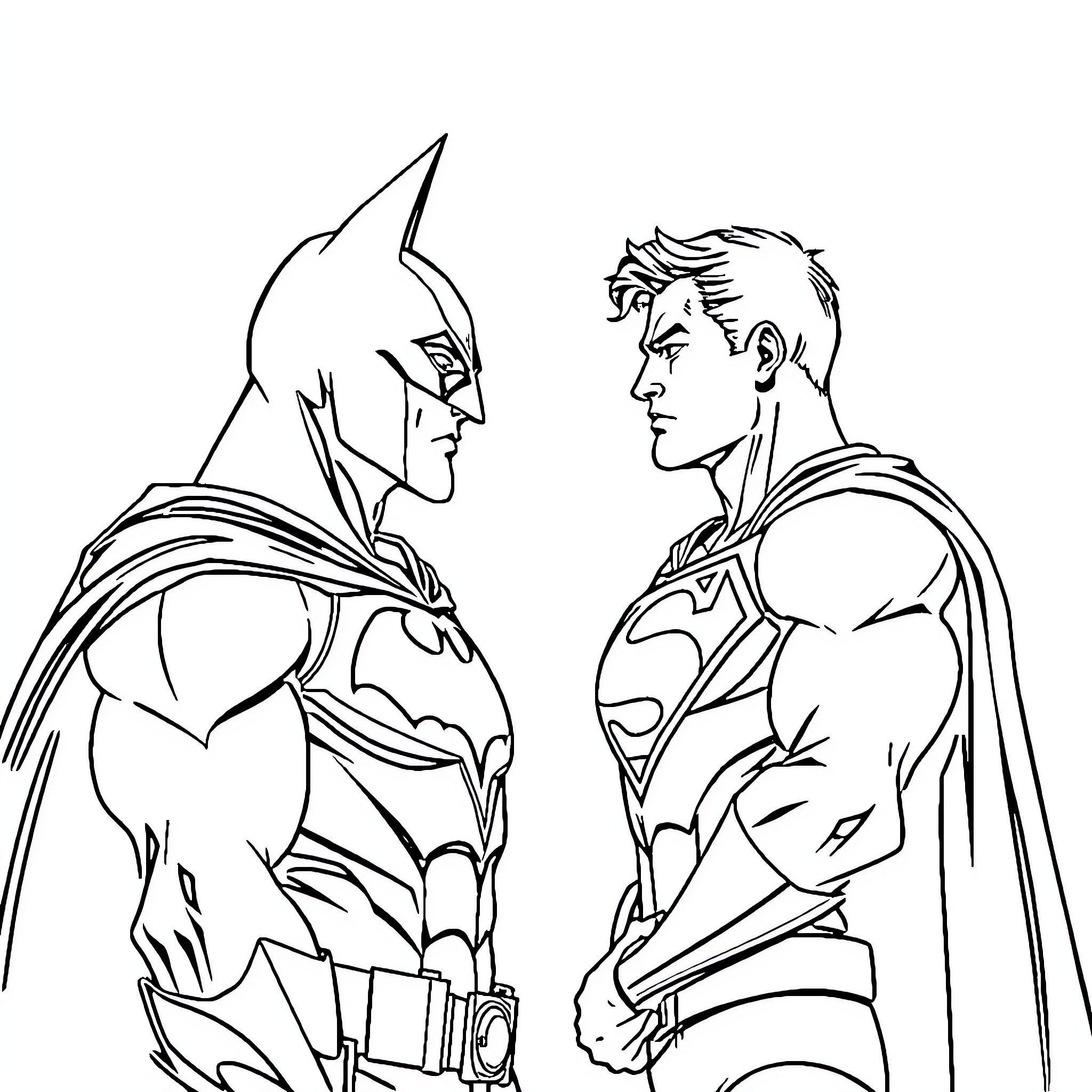 Batman and Superman in confrontational stance Coloring Page (free black-and-white line drawing printable PDF for all, from beginners to advanced learners, including children, teens, adults, and seniors)