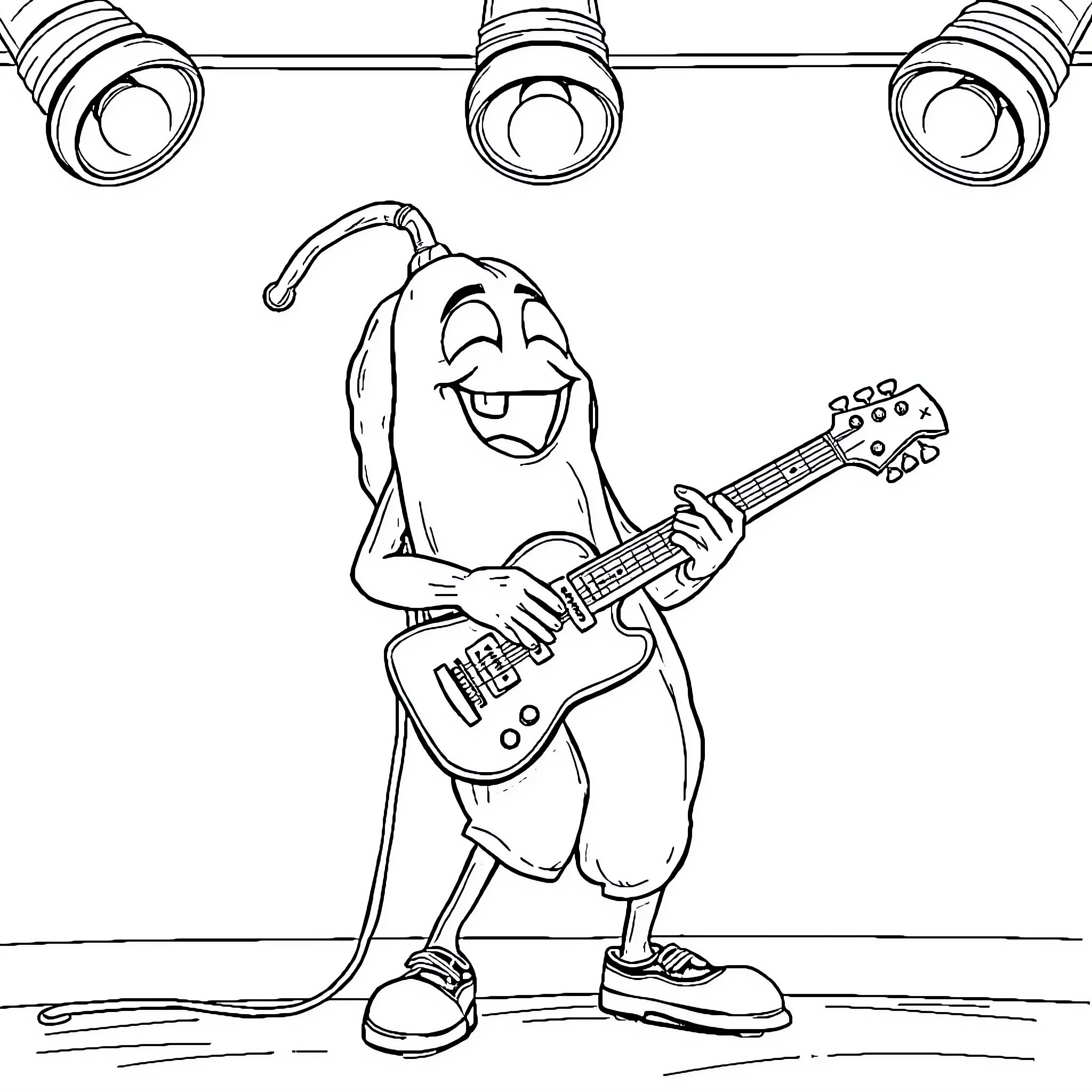 Raisin playing joyfully with electric guitar on stage Coloring Page (free black-and-white line drawing printable PDF for all, from beginners to advanced learners, including children, teens, adults, and seniors)