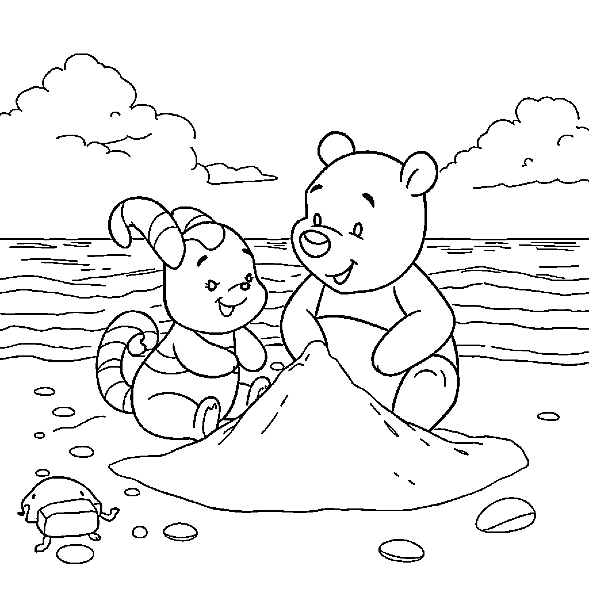 Cinnamonroll playing on the beach with friend Coloring Page (free black-and-white line drawing printable PDF for all, from beginners to advanced learners, including children, teens, adults, and seniors)