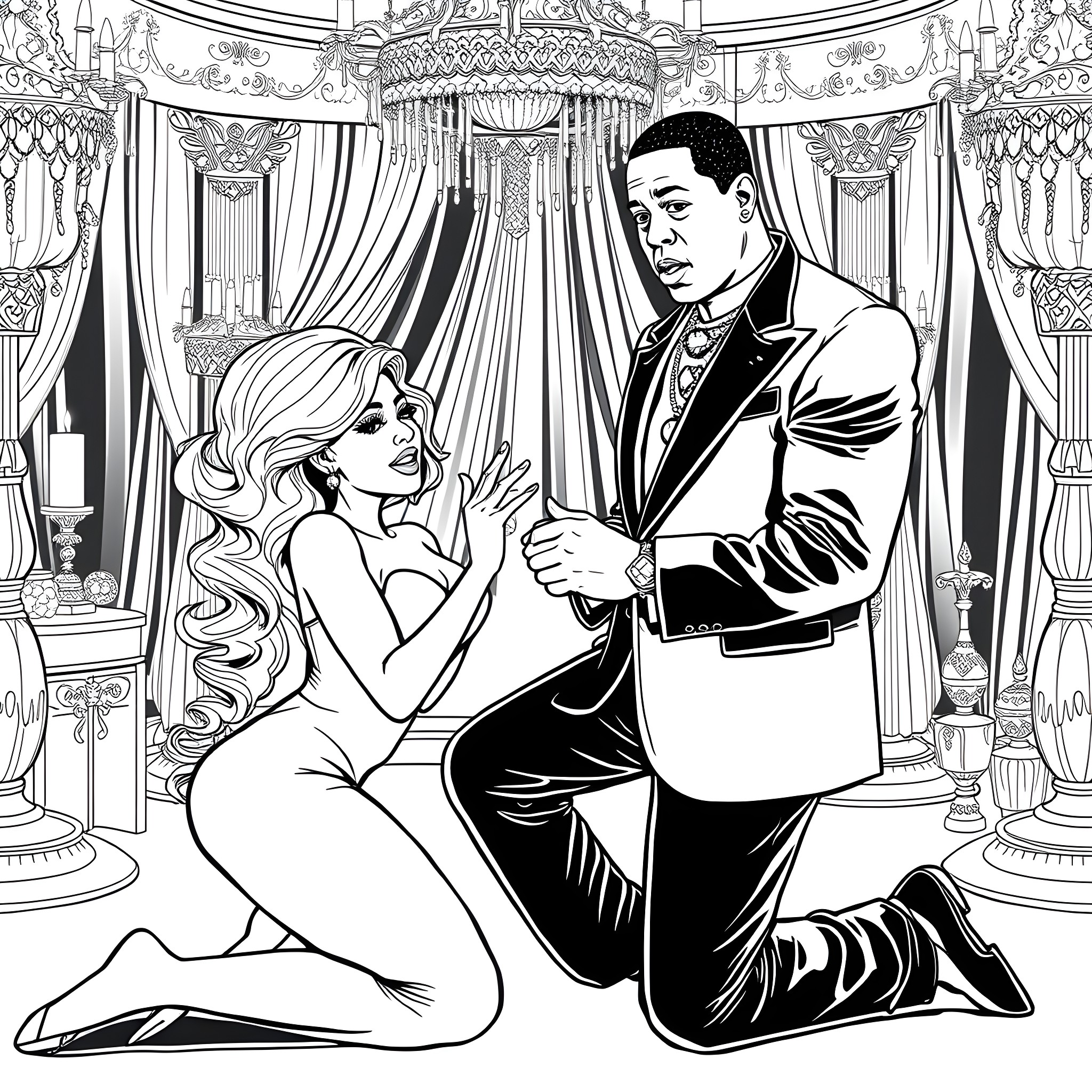 Nikki Minaj and companion in ornate theatrical setting Coloring Page (free black-and-white line drawing printable PDF for all, from beginners to advanced learners, including children, teens, adults, and seniors)