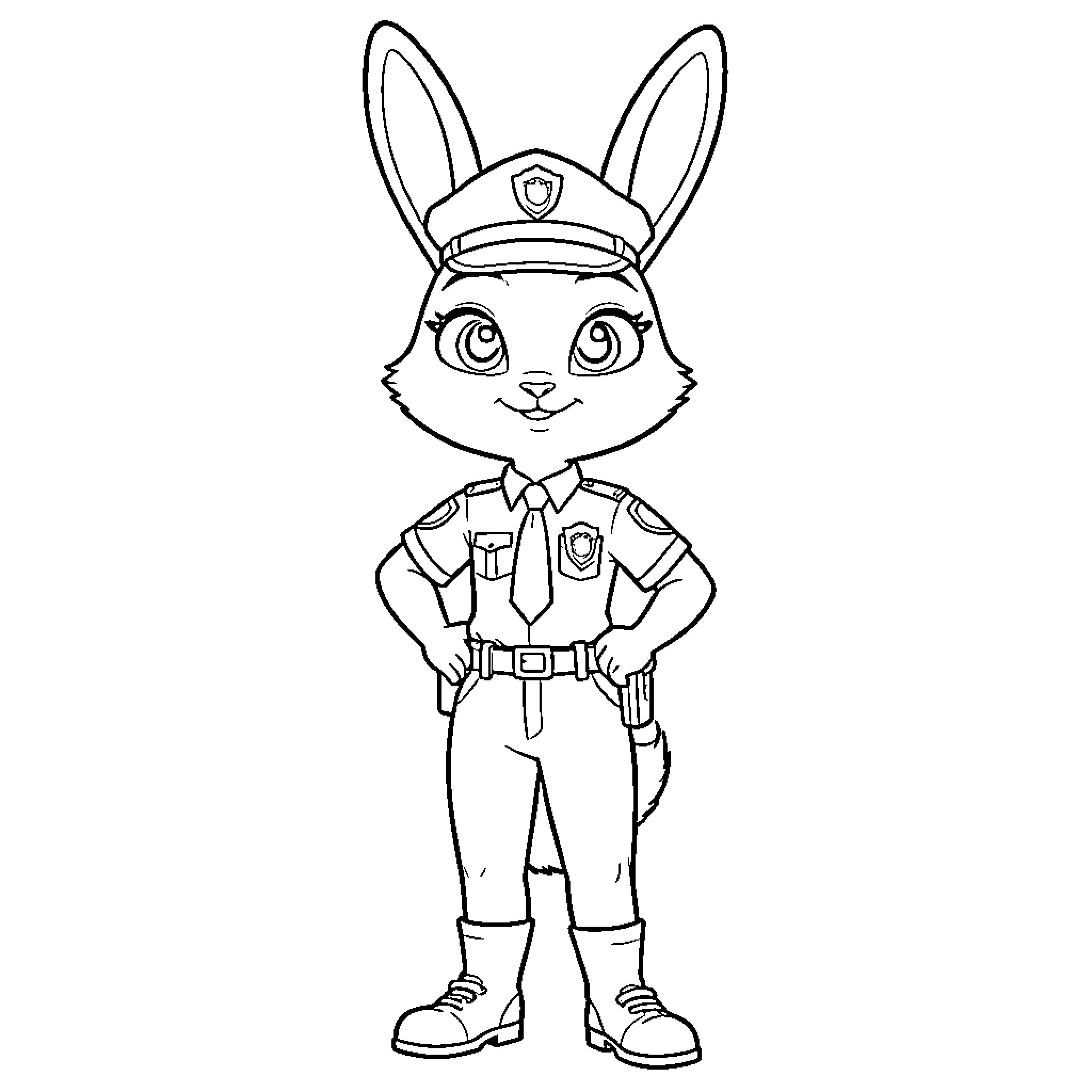 Judy Hopps in police officer uniform Coloring Page (free black-and-white line drawing printable PDF for all, from beginners to advanced learners, including children, teens, adults, and seniors)