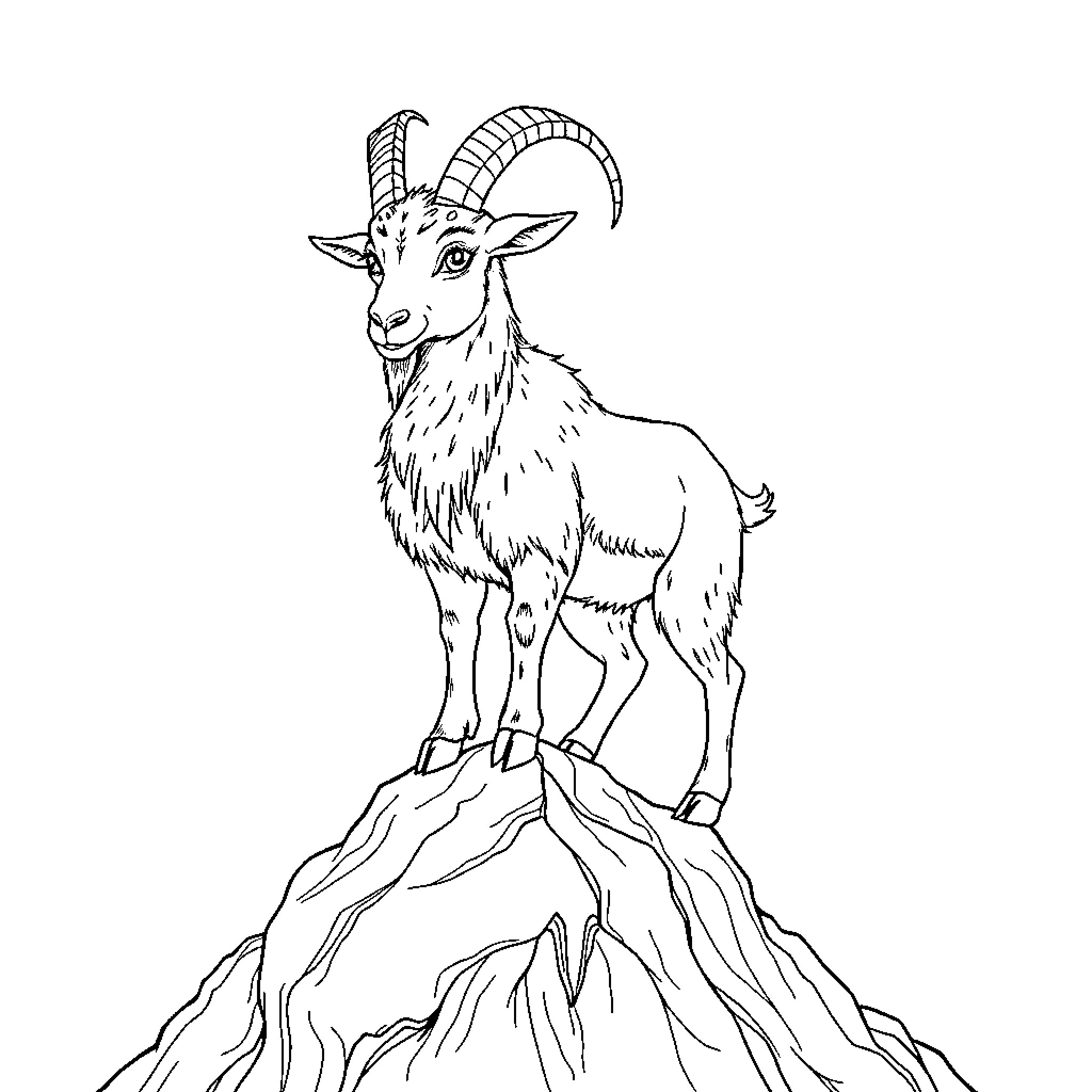 Goat standing atop a rocky outcrop Coloring Page (free black-and-white line drawing printable PDF for all, from beginners to advanced learners, including children, teens, adults, and seniors)