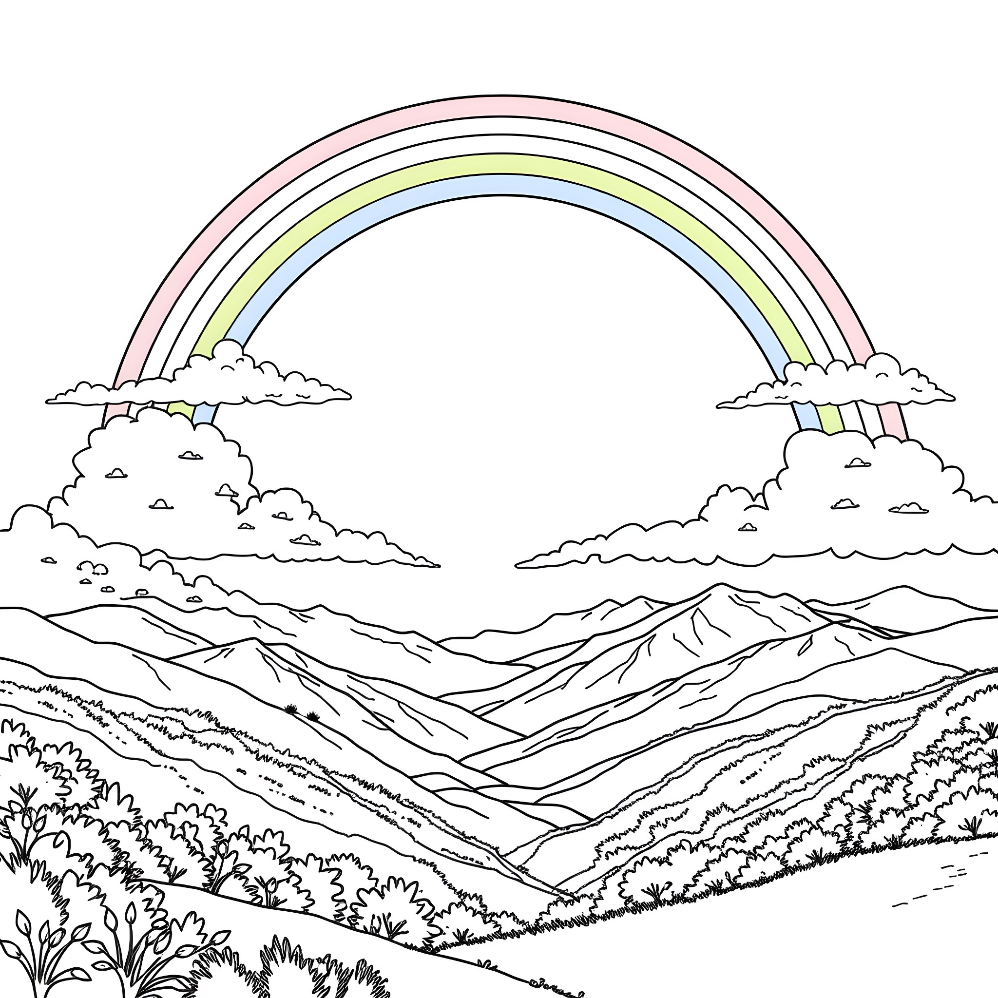 Rainbow over the Scenic Mountain Landscape Coloring Page (free black-and-white line drawing printable PDF for all, from beginners to advanced learners, including children, teens, adults, and seniors)