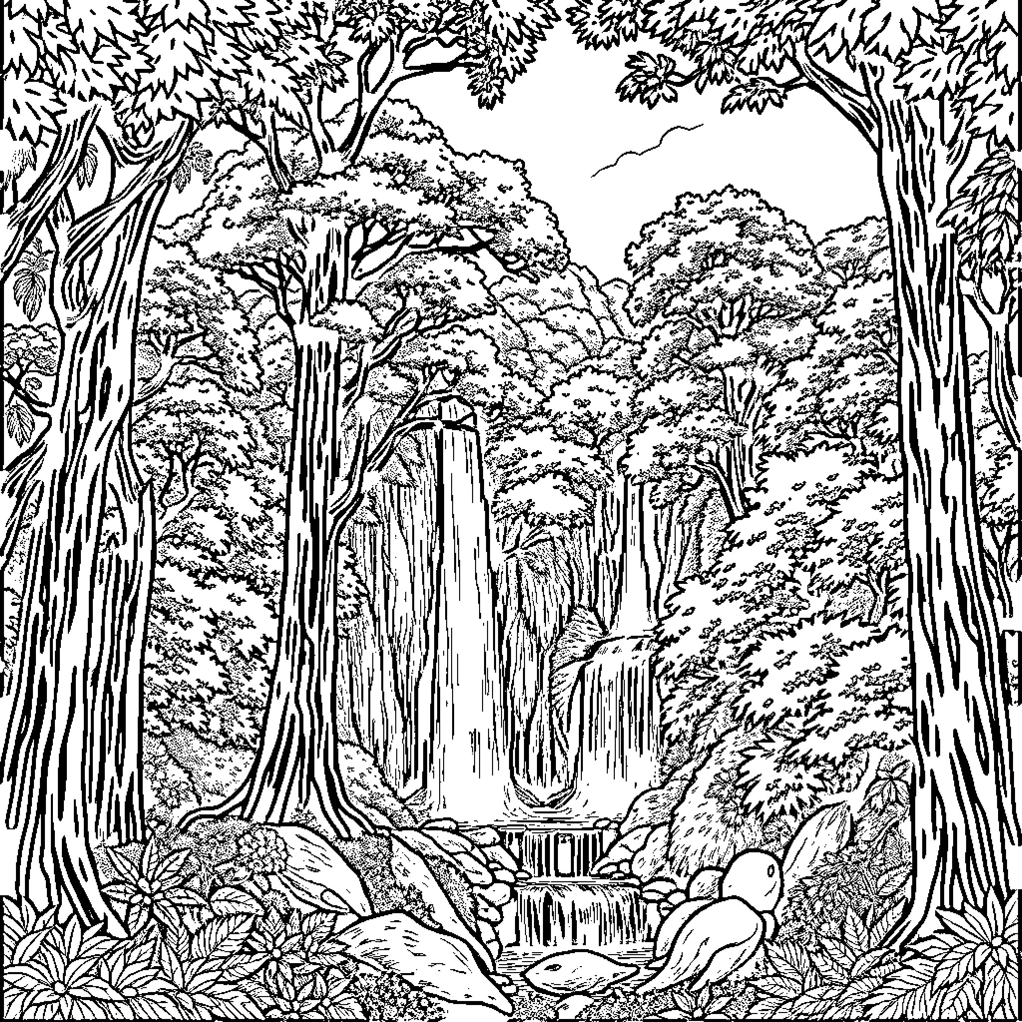 Tree Covered Waterfall Surrounded by Lush Foliage Coloring Page (free black-and-white line drawing printable PDF for all, from beginners to advanced learners, including children, teens, adults, and seniors)