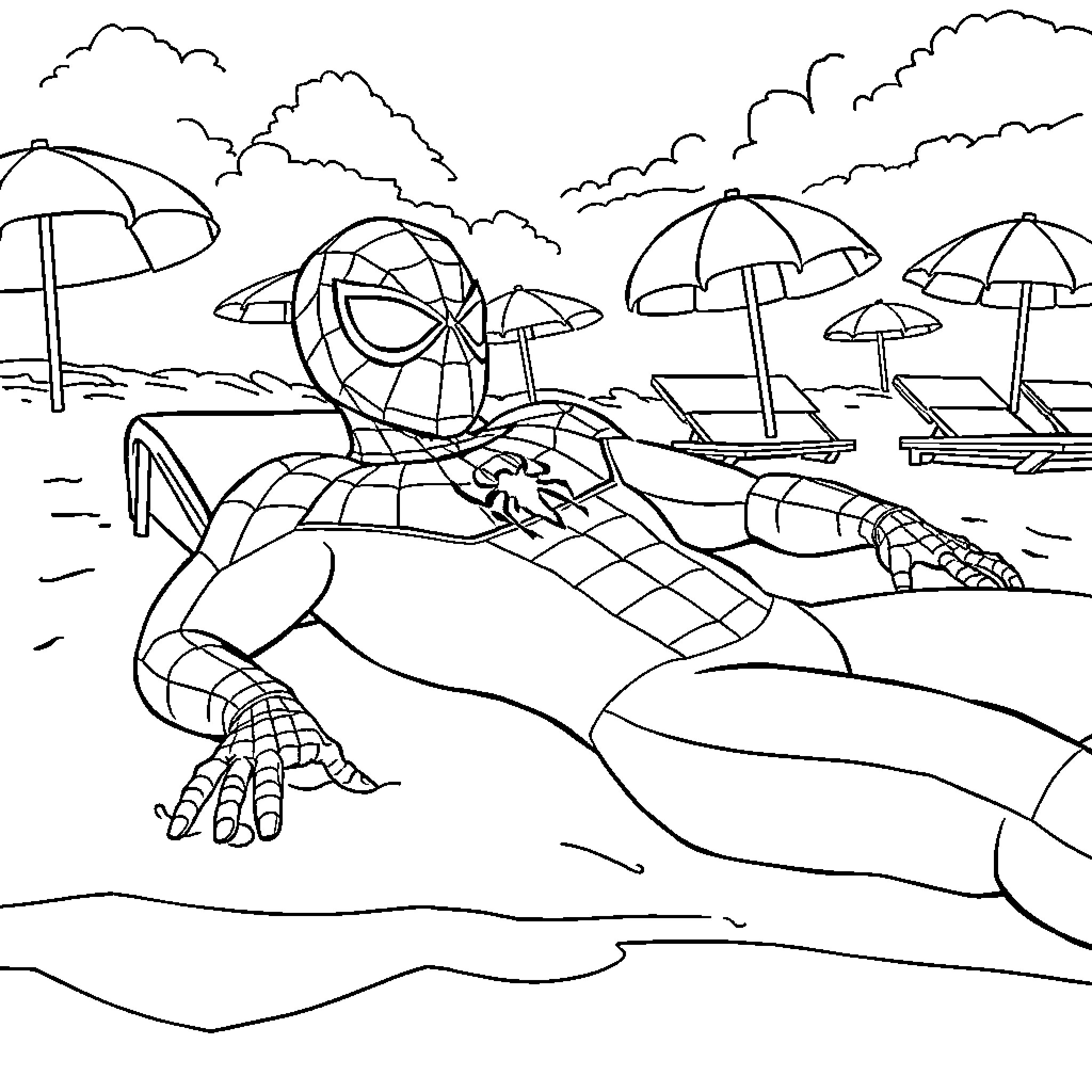 Spiderman relaxing on the beach under umbrellas Coloring Page (free black-and-white line drawing printable PDF for all, from beginners to advanced learners, including children, teens, adults, and seniors)