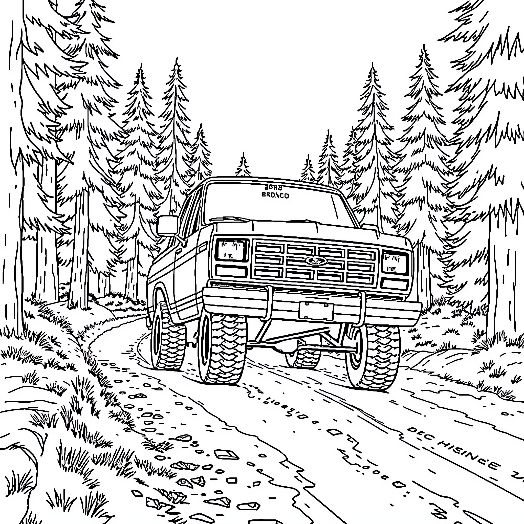Ford Bronco navigating through the forest trail Coloring Page (free black-and-white line drawing printable PDF for all, from beginners to advanced learners, including children, teens, adults, and seniors)