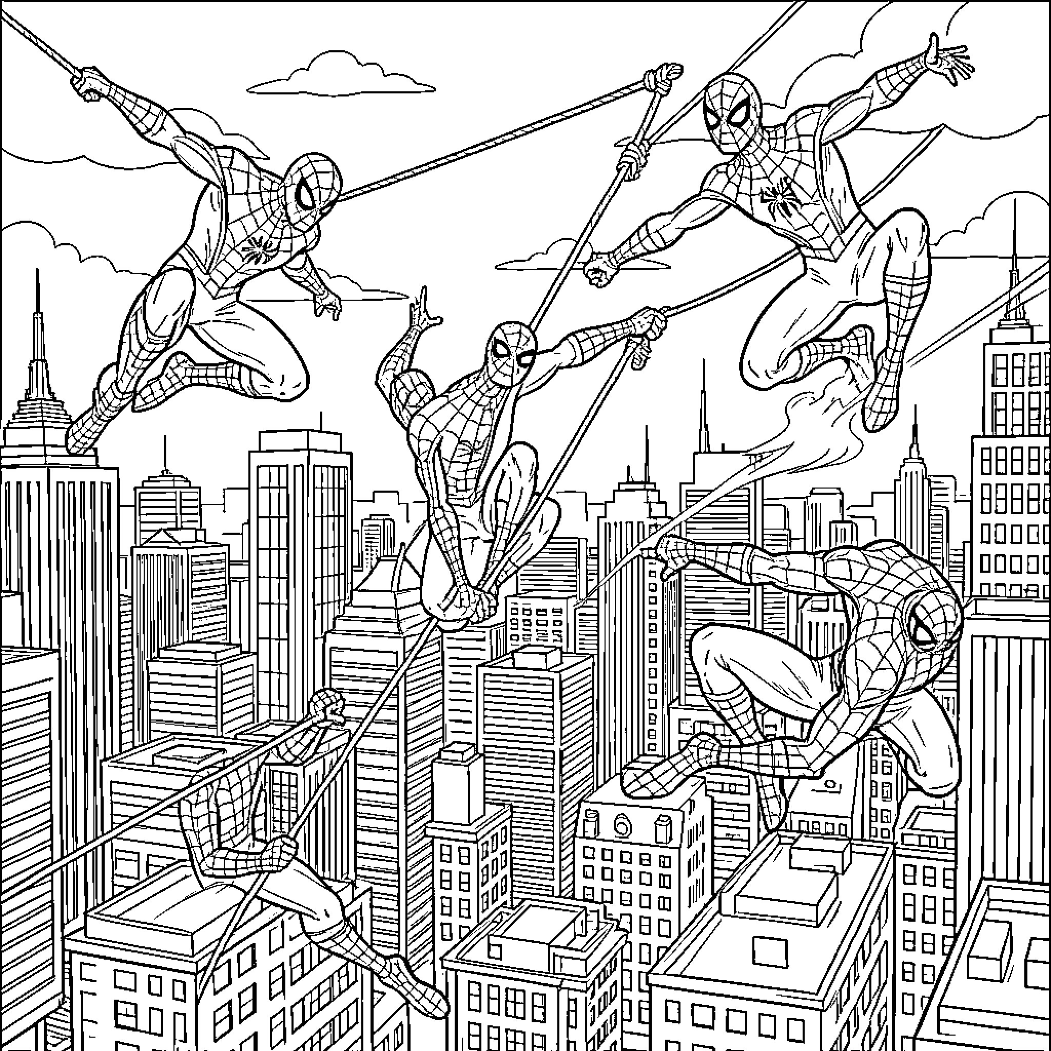 Spider-Man heroically swinging through the city skyline Coloring Page (free black-and-white line drawing printable PDF for all, from beginners to advanced learners, including children, teens, adults, and seniors)