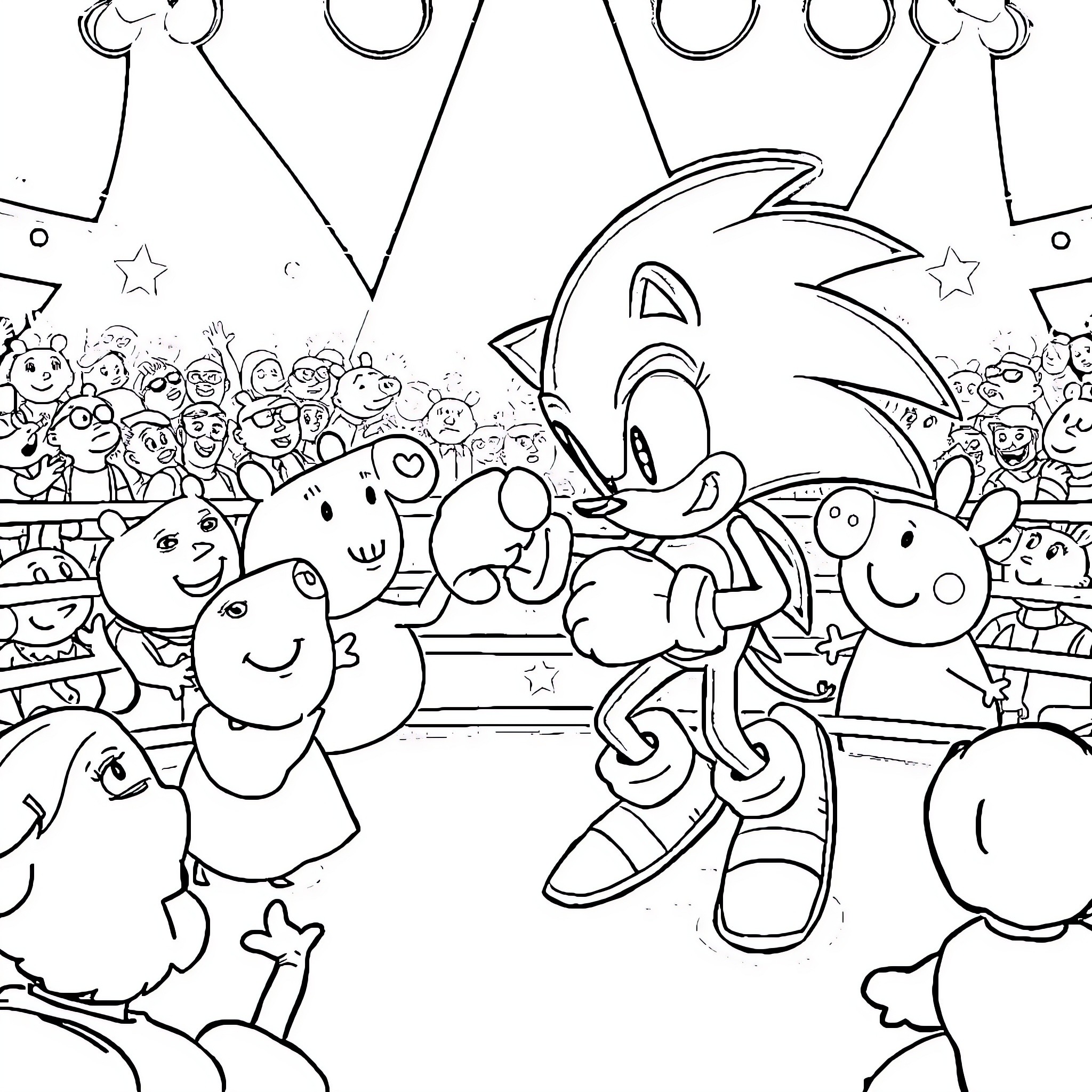 Sonic Surrounded by Cheerful Characters in a Lively Scene Coloring Page (free black-and-white line drawing printable PDF for all, from beginners to advanced learners, including children, teens, adults, and seniors)