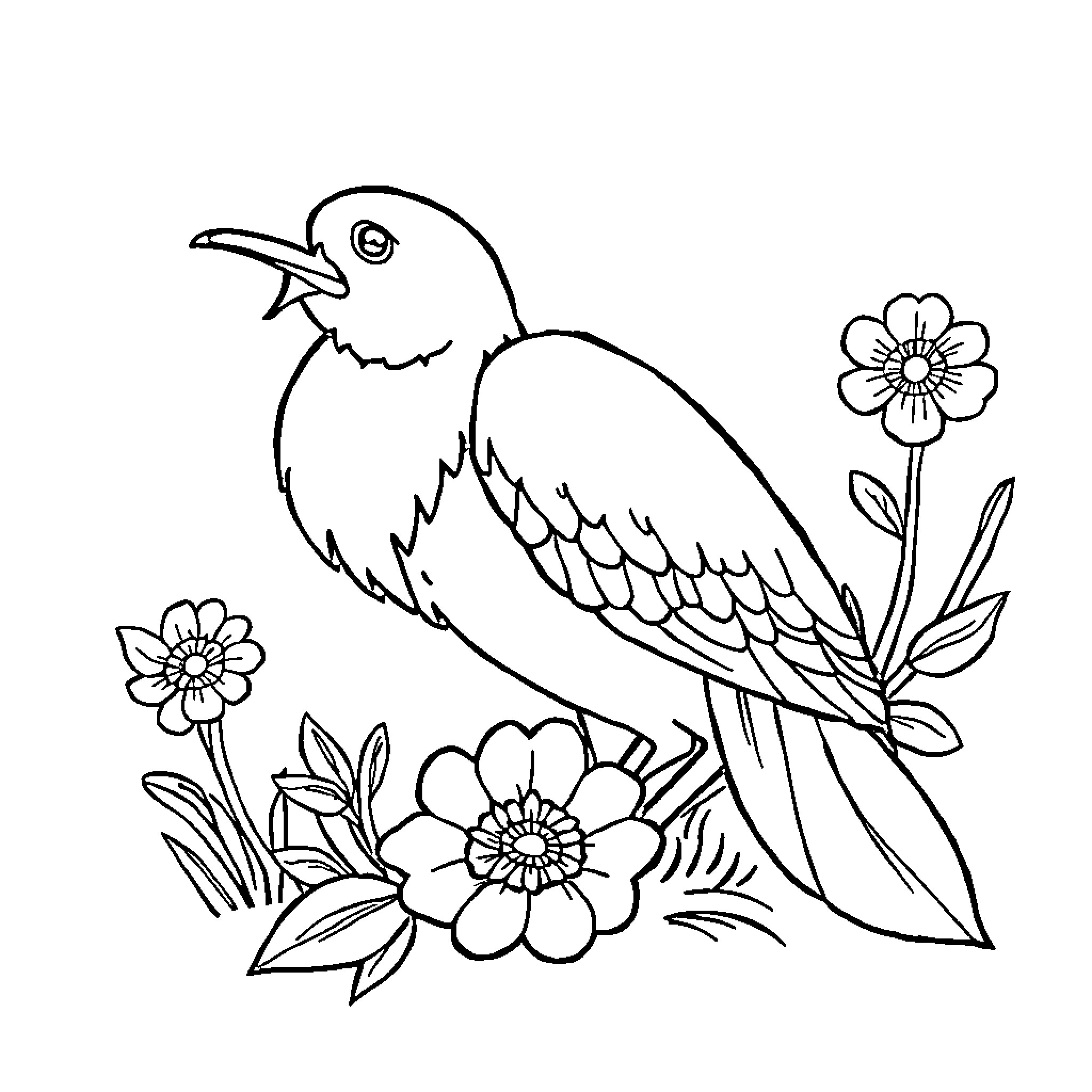 فتاة تلاحظ عصفوراً يغرد وسط الزهور الجميلة Coloring Page (free black-and-white line drawing printable PDF for all, from beginners to advanced learners, including children, teens, adults, and seniors)