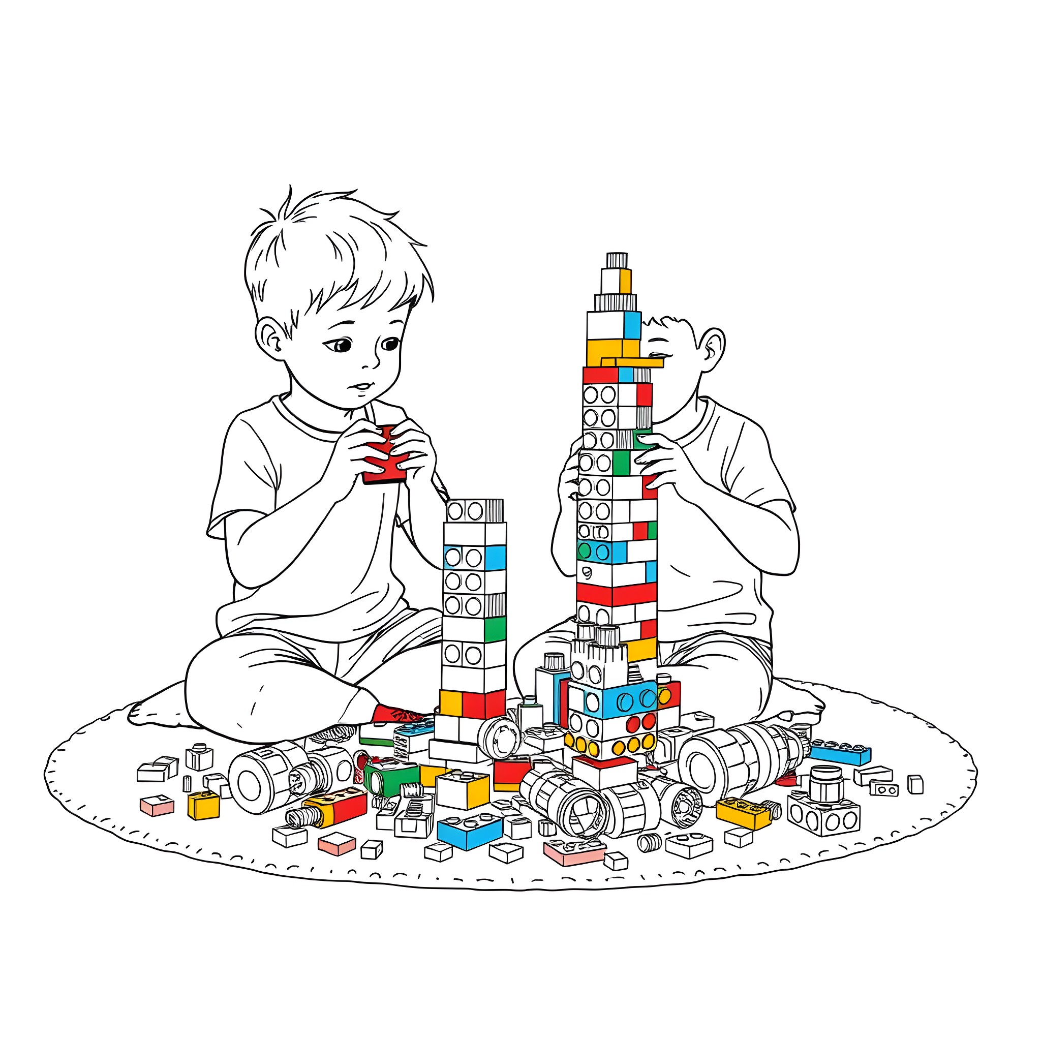 Boy playing with colorful building blocks Coloring Page (free black-and-white line drawing printable PDF for all, from beginners to advanced learners, including children, teens, adults, and seniors)