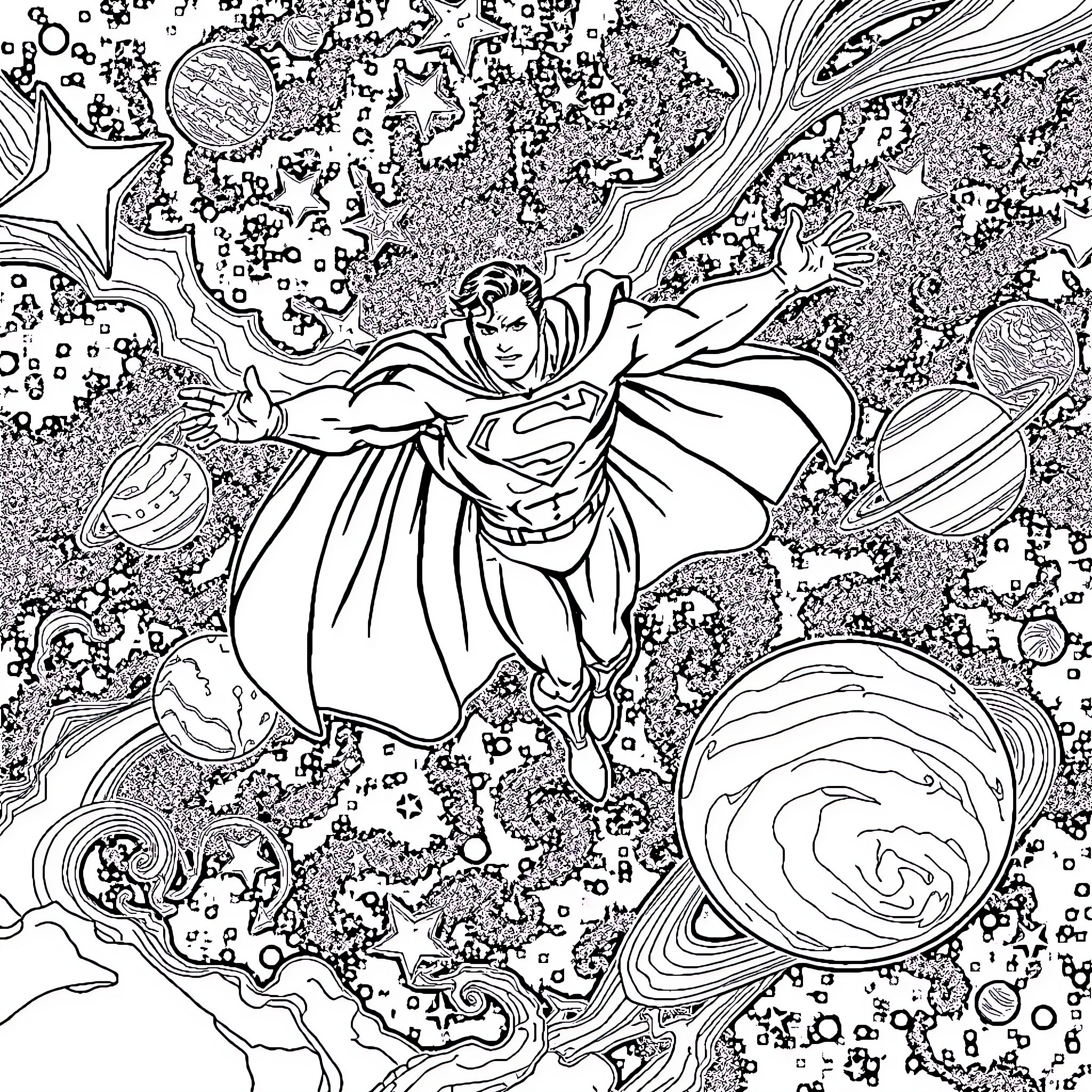 Superman soaring through cosmic space Coloring Page (free black-and-white line drawing printable PDF for all, from beginners to advanced learners, including children, teens, adults, and seniors)