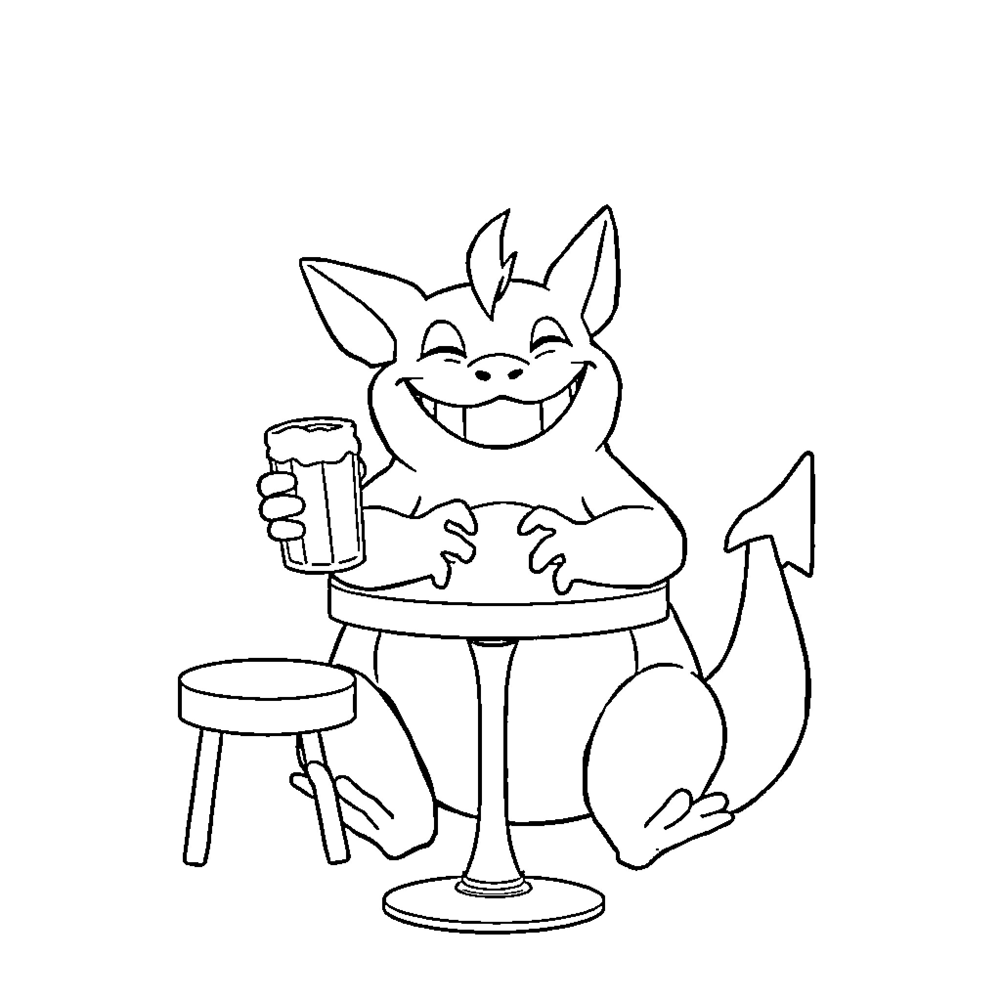 Gengar enjoying a refreshing drink at the bar Coloring Page (free black-and-white line drawing printable PDF for all, from beginners to advanced learners, including children, teens, adults, and seniors)