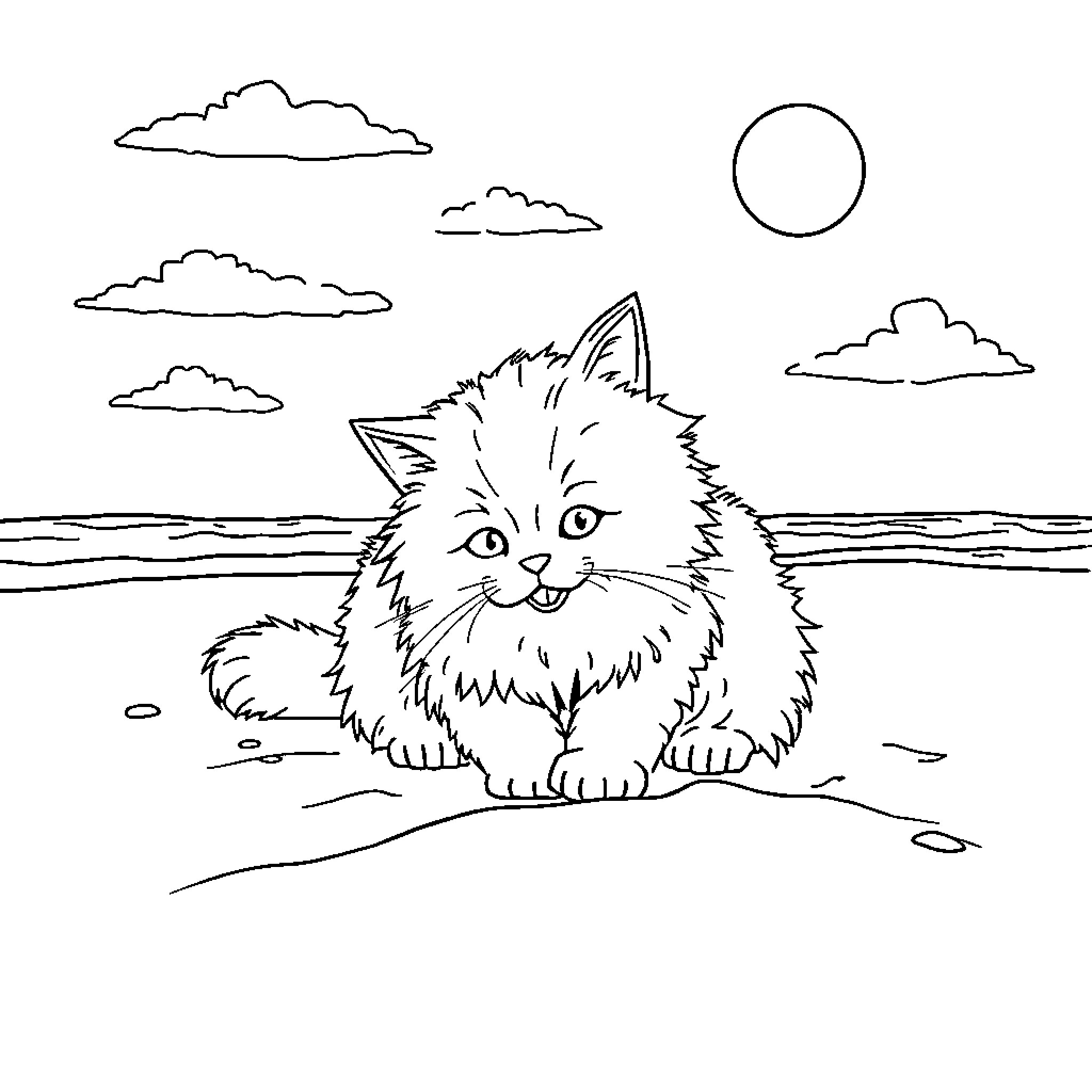 Cat enjoying the outdoor scenery Coloring Page (free black-and-white line drawing printable PDF for all, from beginners to advanced learners, including children, teens, adults, and seniors)