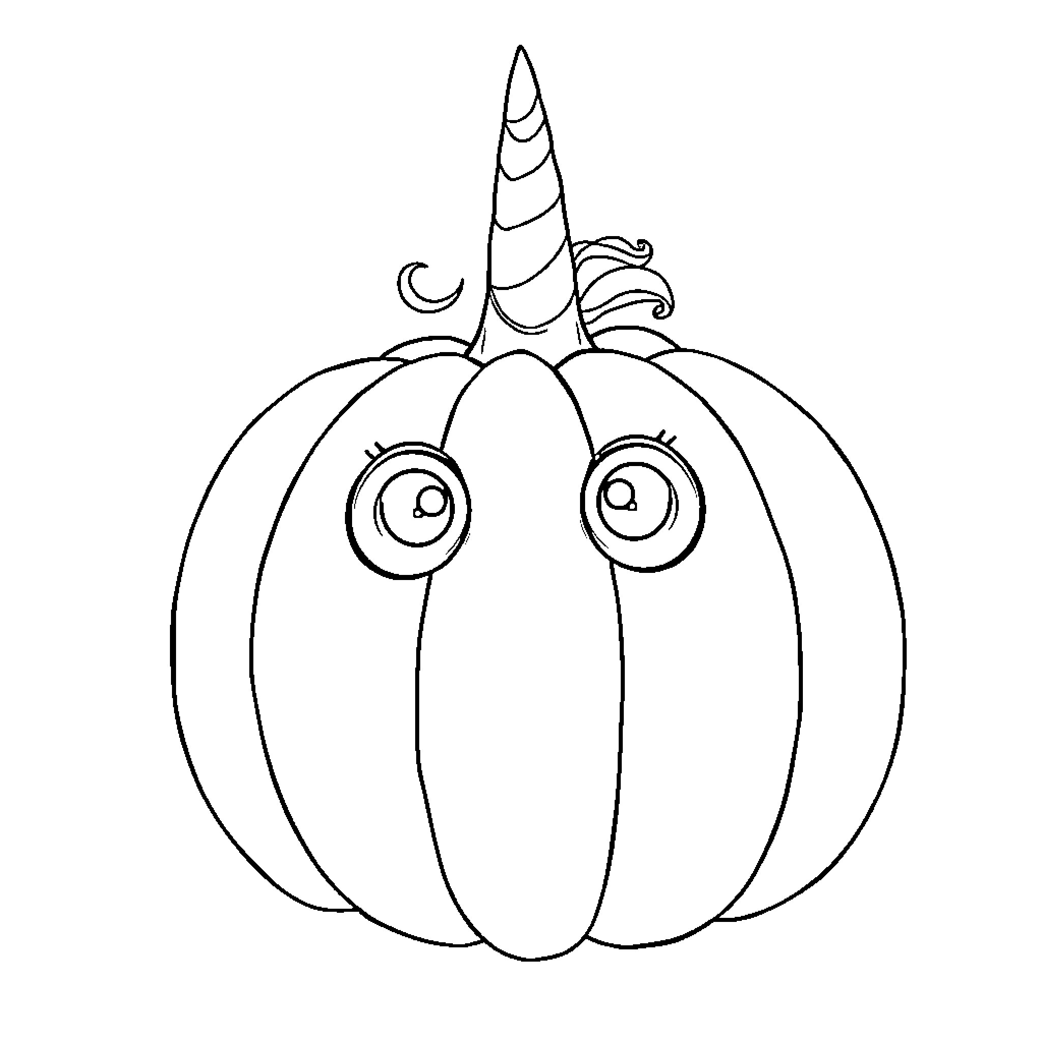 Pumpkin with whimsical unicorn horn Coloring Page (free black-and-white line drawing printable PDF for all, from beginners to advanced learners, including children, teens, adults, and seniors)
