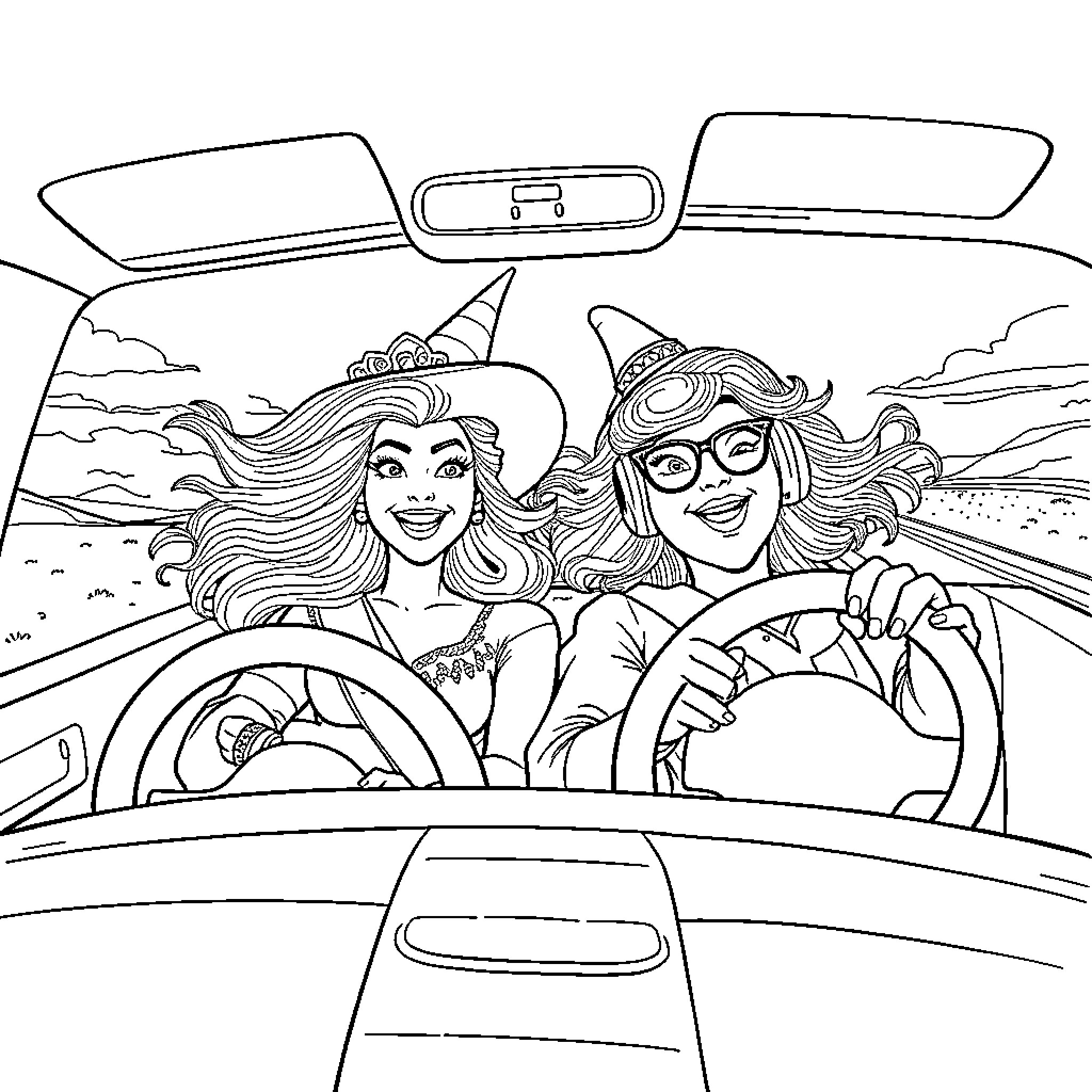 Glinda and Friend Driving Together Happily Coloring Page (free black-and-white line drawing printable PDF for all, from beginners to advanced learners, including children, teens, adults, and seniors)