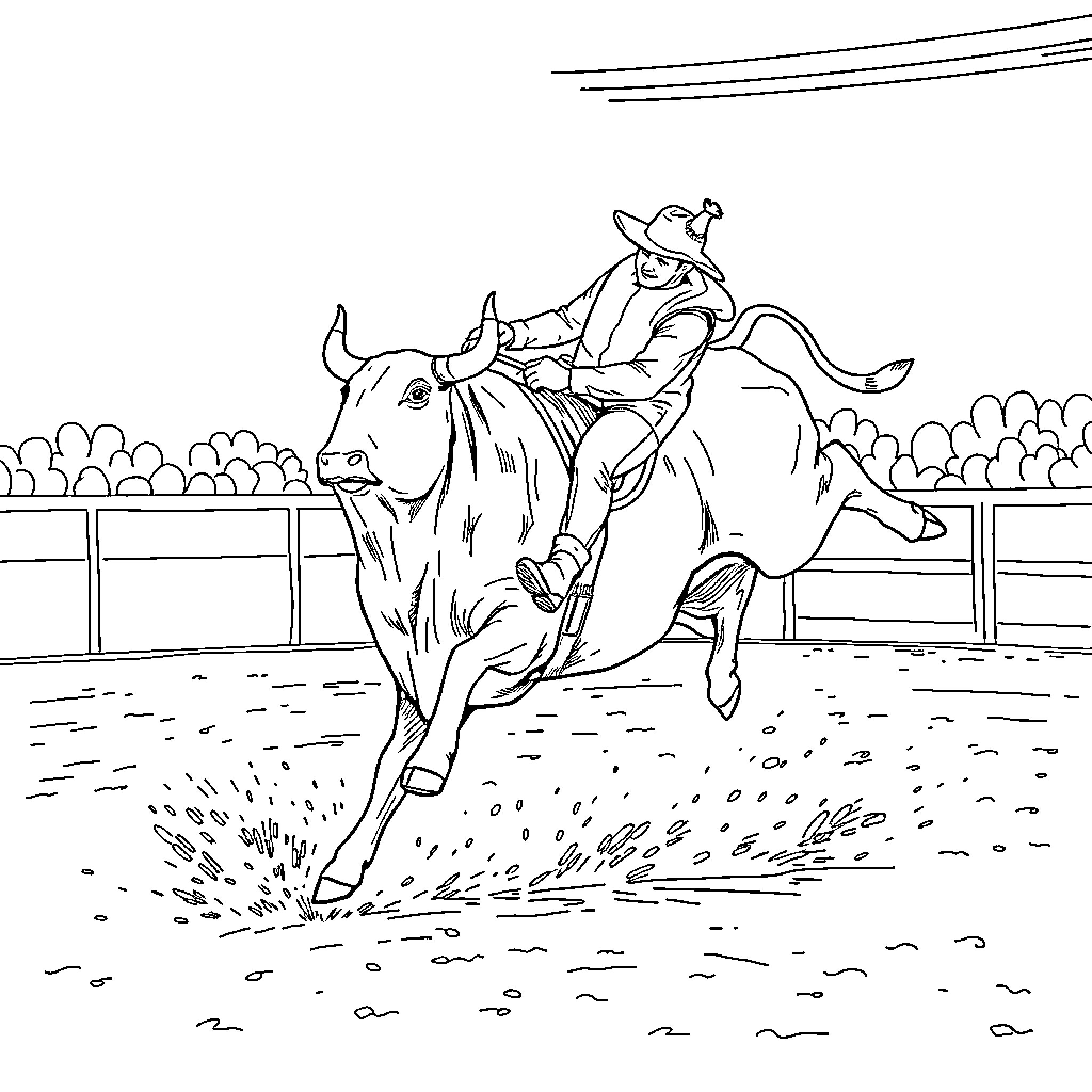 Bucking Bull: Cowboy's Rodeo Challenge Coloring Page (free black-and-white line drawing printable PDF for all, from beginners to advanced learners, including children, teens, adults, and seniors)