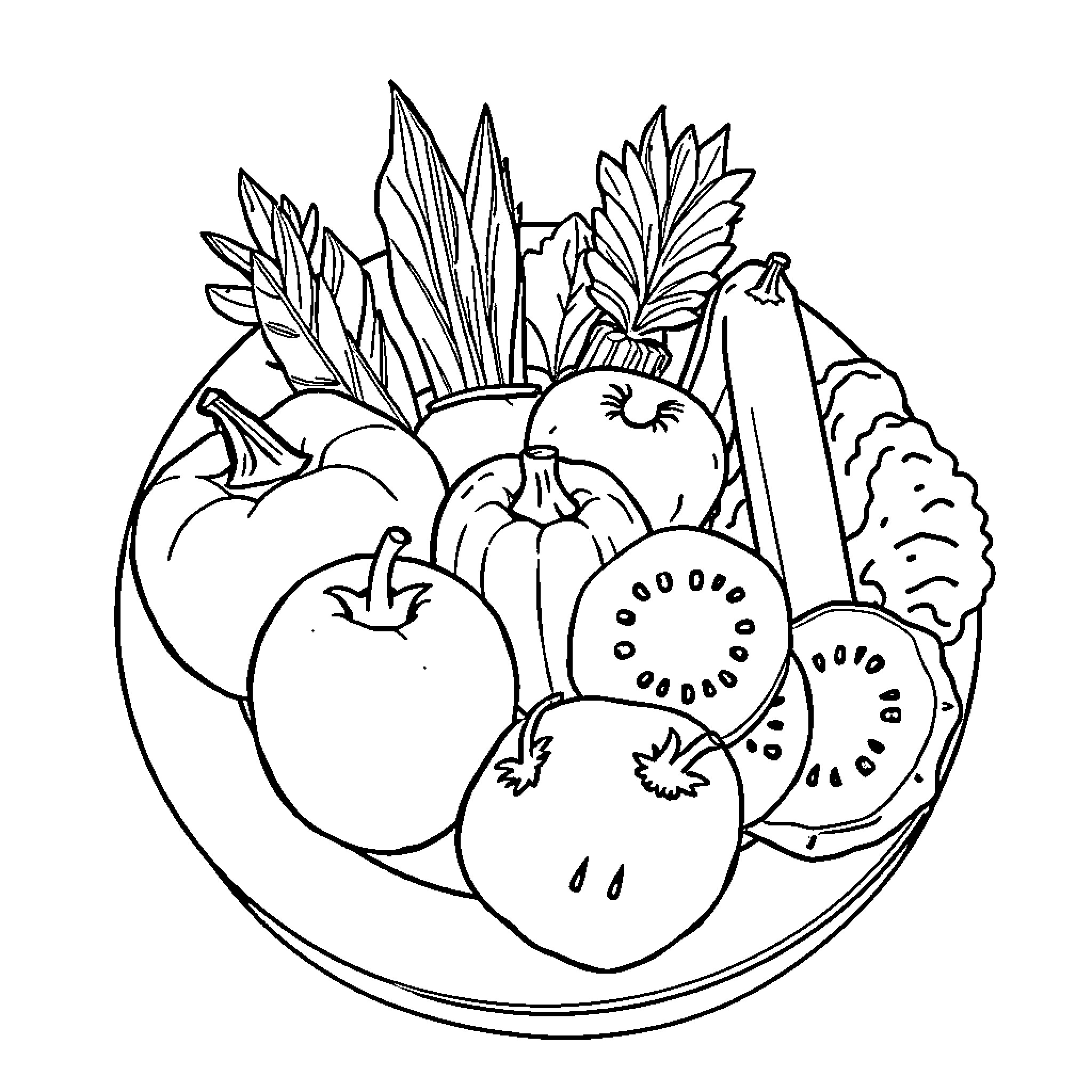 Choice of Fresh Produce Coloring Page (free black-and-white line drawing printable PDF for all, from beginners to advanced learners, including children, teens, adults, and seniors)
