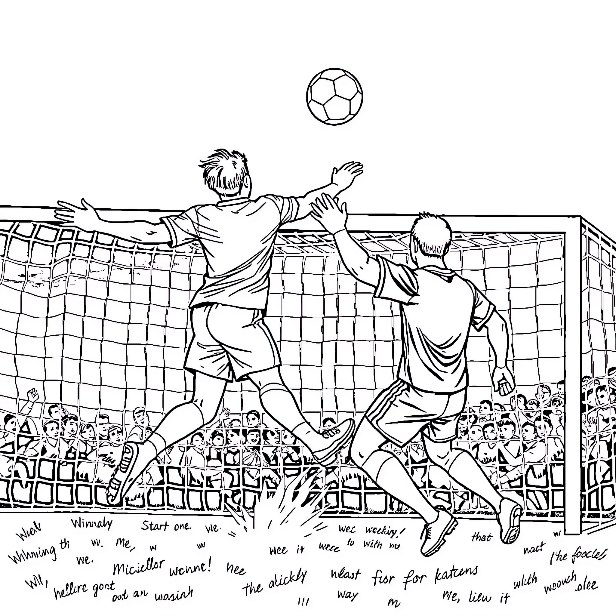 Soccer Player Scoring a Goal in a Heated Match Coloring Page (free black-and-white line drawing printable PDF for all, from beginners to advanced learners, including children, teens, adults, and seniors)