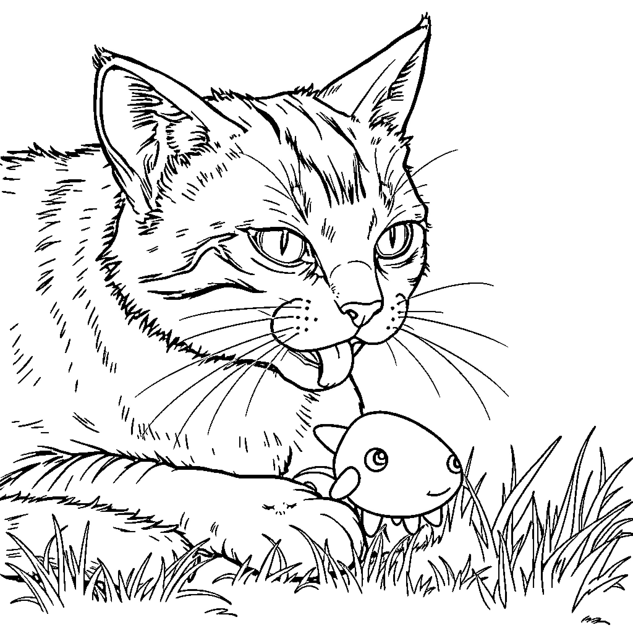 Cat watching curious fish in grass Coloring Page (free black-and-white line drawing printable PDF for all, from beginners to advanced learners, including children, teens, adults, and seniors)