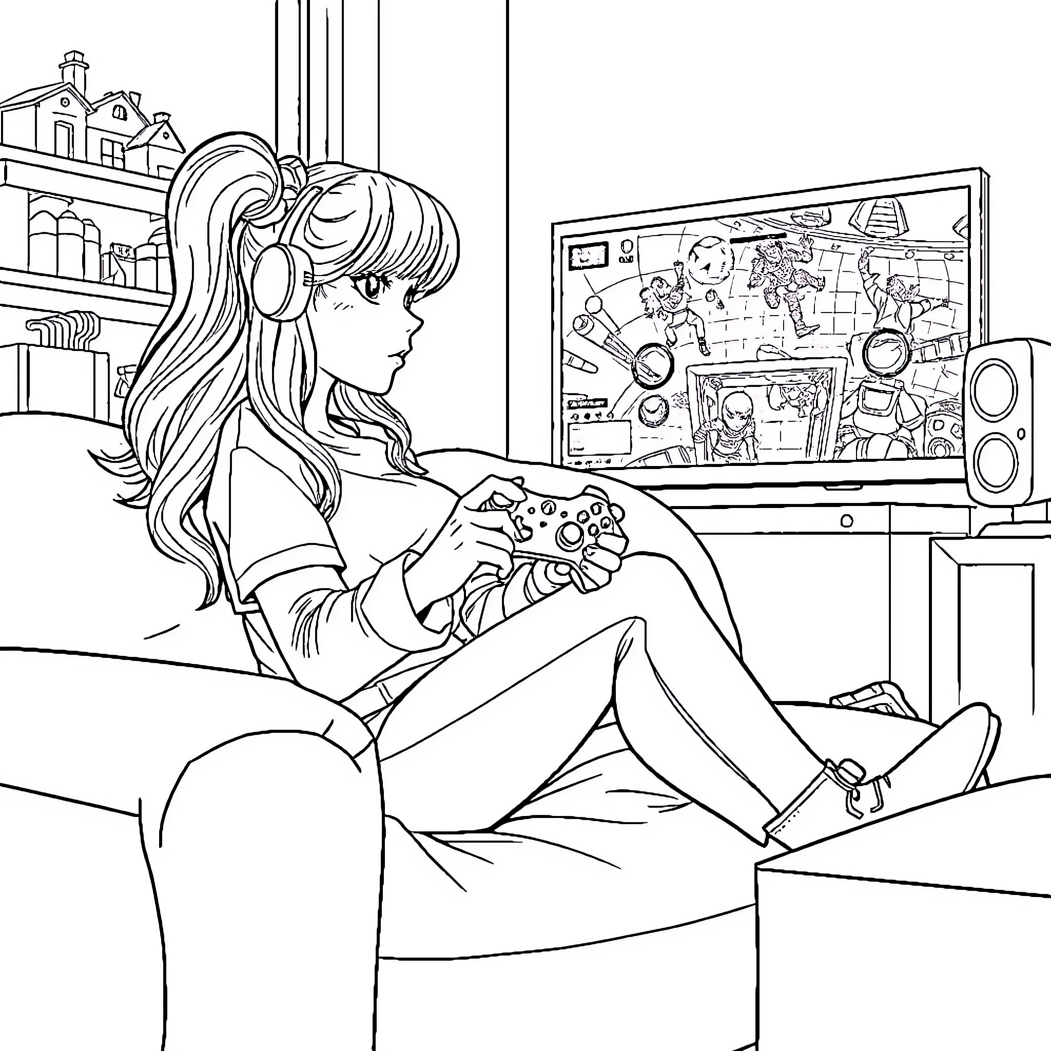 Rias Grimory playing video games in her room Coloring Page (free black-and-white line drawing printable PDF for all, from beginners to advanced learners, including children, teens, adults, and seniors)