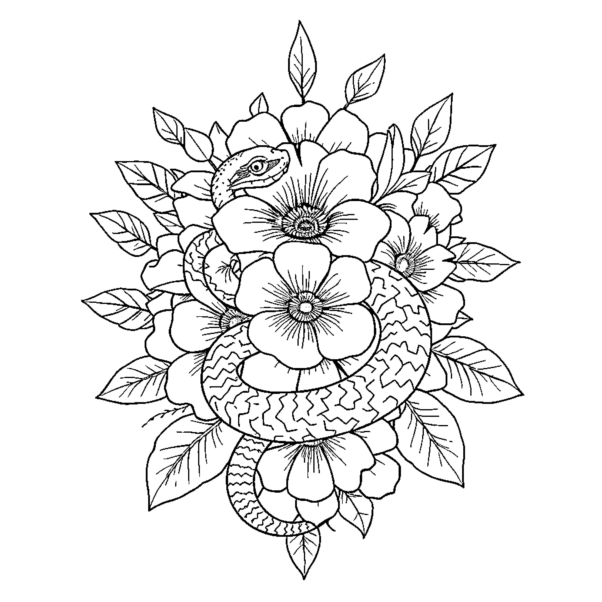 Floral bouquet with snake and flowers Coloring Page (free black-and-white line drawing printable PDF for all, from beginners to advanced learners, including children, teens, adults, and seniors)