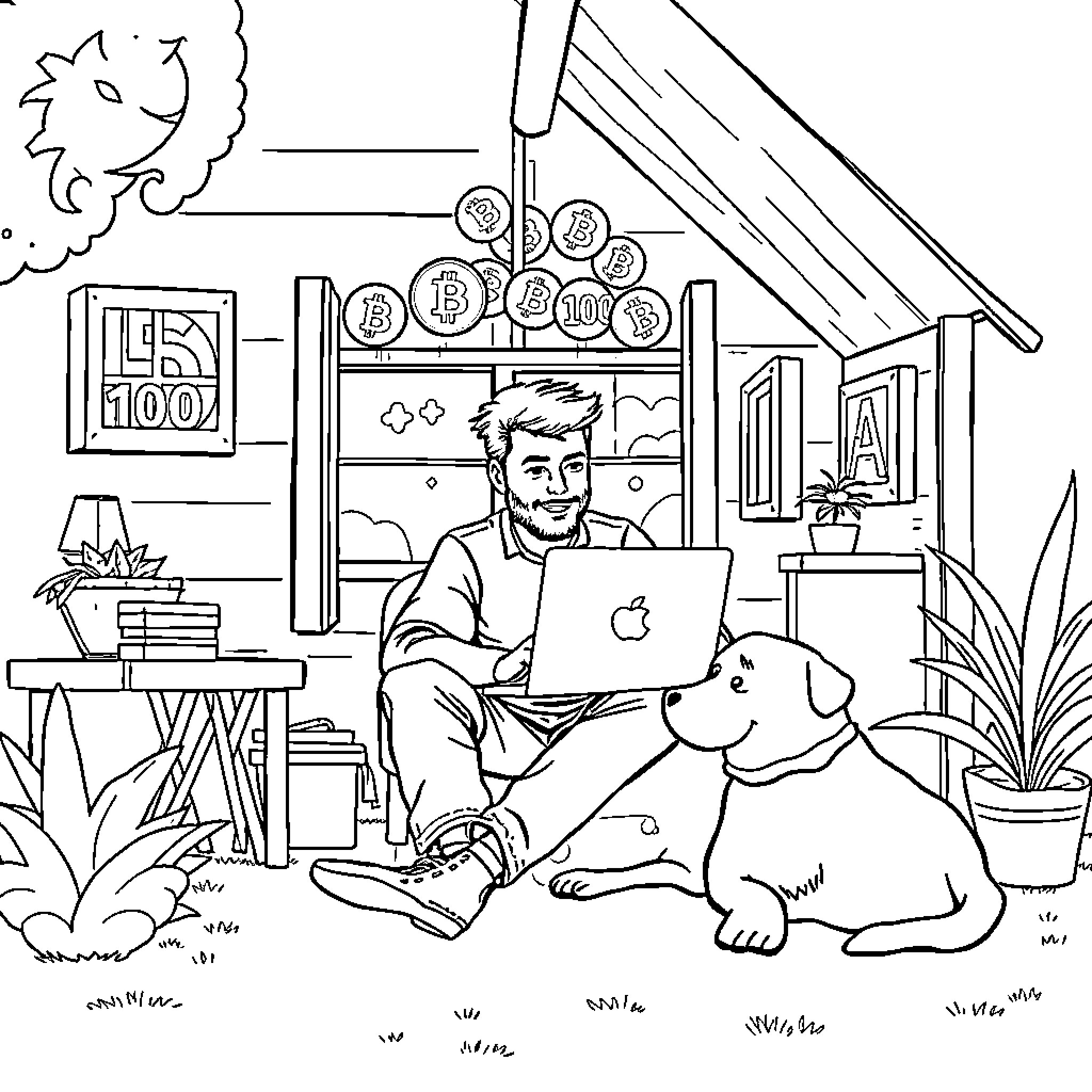 Man working diligently on laptop with loyal dog companion Coloring Page (free black-and-white line drawing printable PDF for all, from beginners to advanced learners, including children, teens, adults, and seniors)