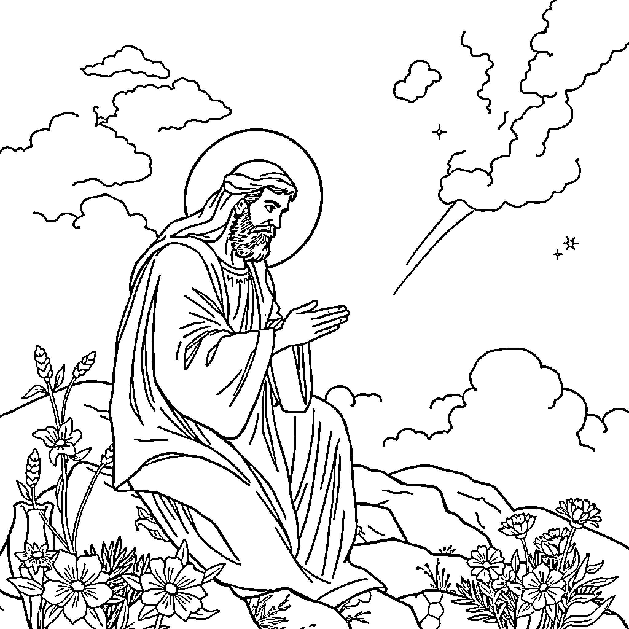 Biblical Images of Jesus Praying in a Landscape Coloring Page (free black-and-white line drawing printable PDF for all, from beginners to advanced learners, including children, teens, adults, and seniors)