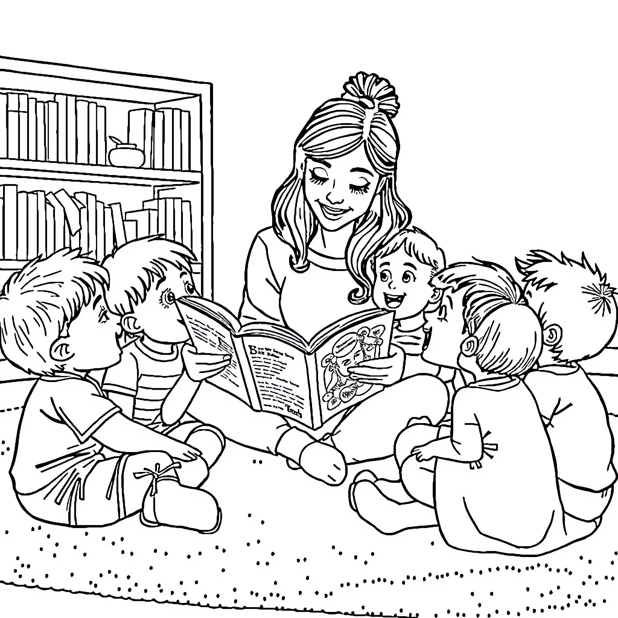 Erika Cada reads storybook to group of children Coloring Page (free black-and-white line drawing printable PDF for all, from beginners to advanced learners, including children, teens, adults, and seniors)