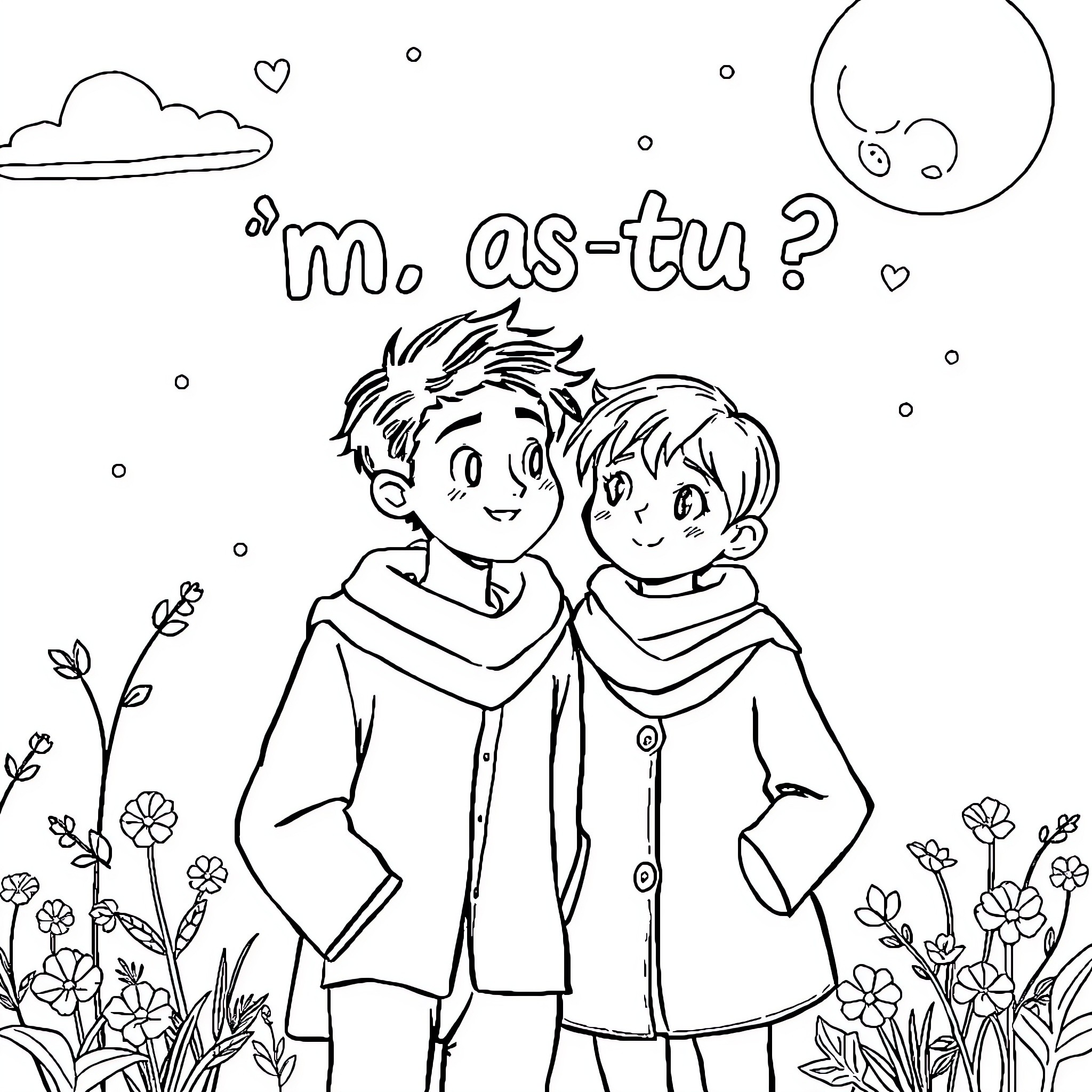 Anime Duo in Friendly Chat Outdoors Coloring Page (free black-and-white line drawing printable PDF for all, from beginners to advanced learners, including children, teens, adults, and seniors)
