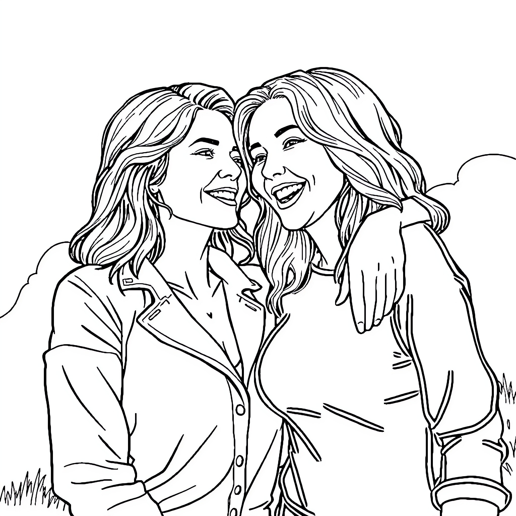 Lesbian couple embracing and smiling happily Coloring Page (free black-and-white line drawing printable PDF for all, from beginners to advanced learners, including children, teens, adults, and seniors)
