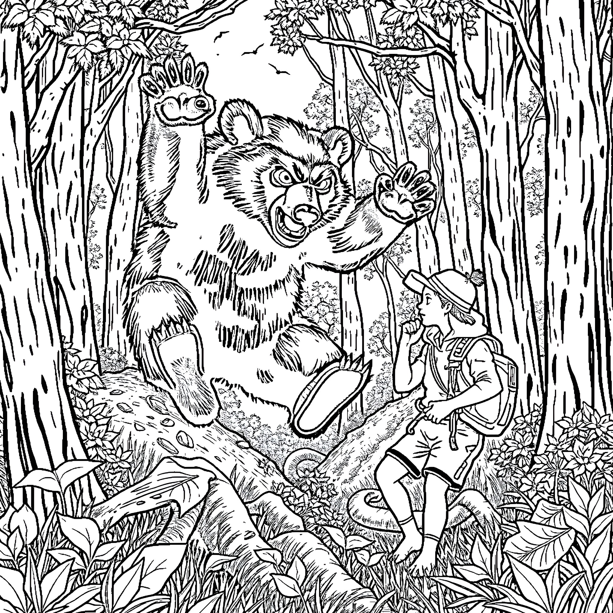 Samurai encountering fierce bear in dense forest Coloring Page (free black-and-white line drawing printable PDF for all, from beginners to advanced learners, including children, teens, adults, and seniors)