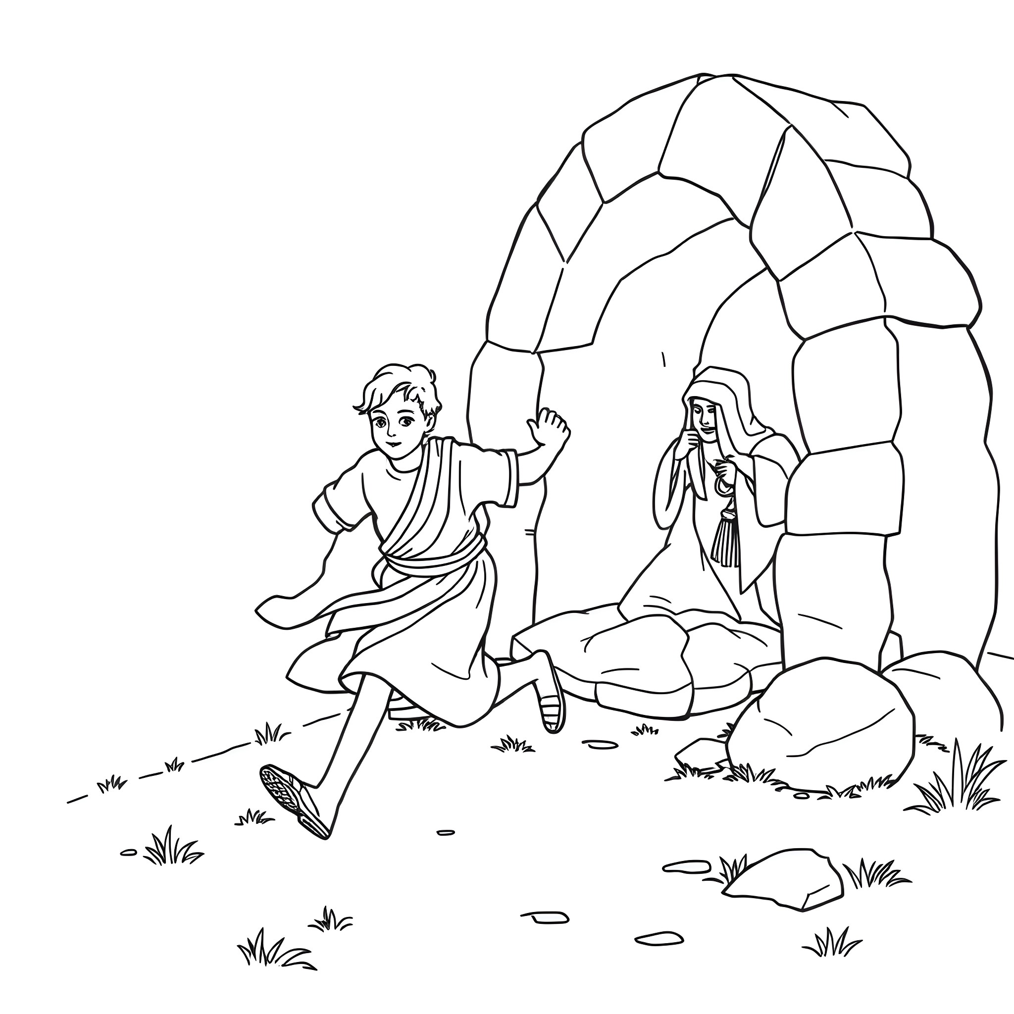 John encounters the Virgin Mary at the grotto Coloring Page (free black-and-white line drawing printable PDF for all, from beginners to advanced learners, including children, teens, adults, and seniors)