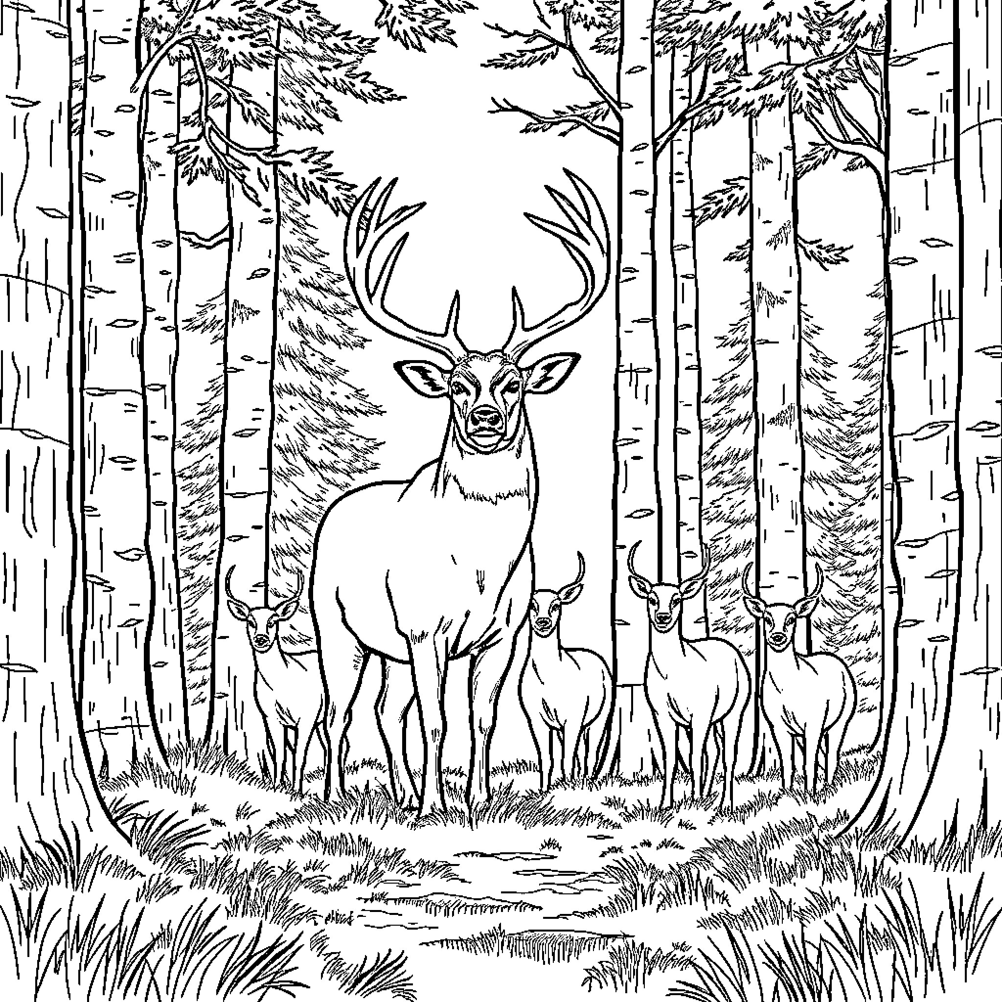 Buck and Deer in Lush Forest Coloring Page (free black-and-white line drawing printable PDF for all, from beginners to advanced learners, including children, teens, adults, and seniors)