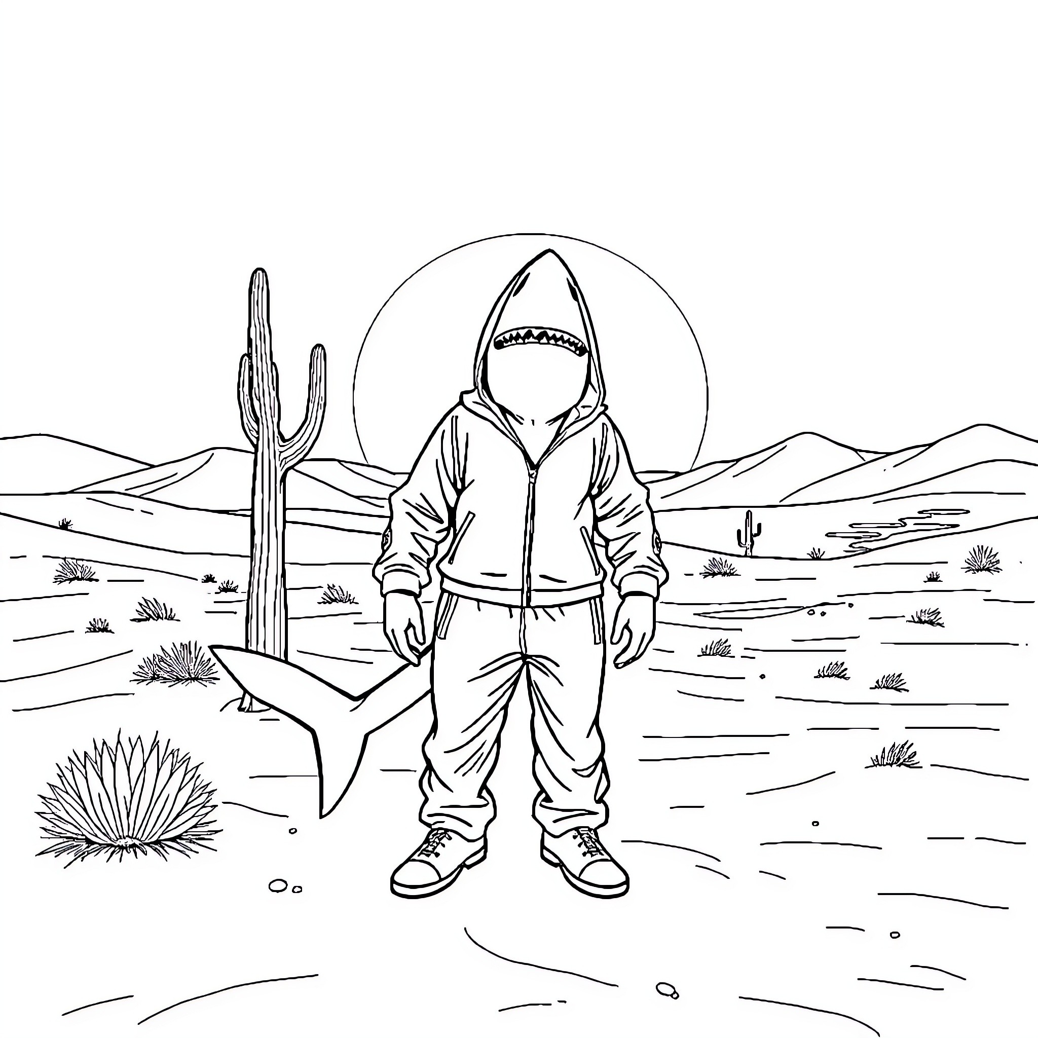 Shark in the desert landscape Coloring Page (free black-and-white line drawing printable PDF for all, from beginners to advanced learners, including children, teens, adults, and seniors)