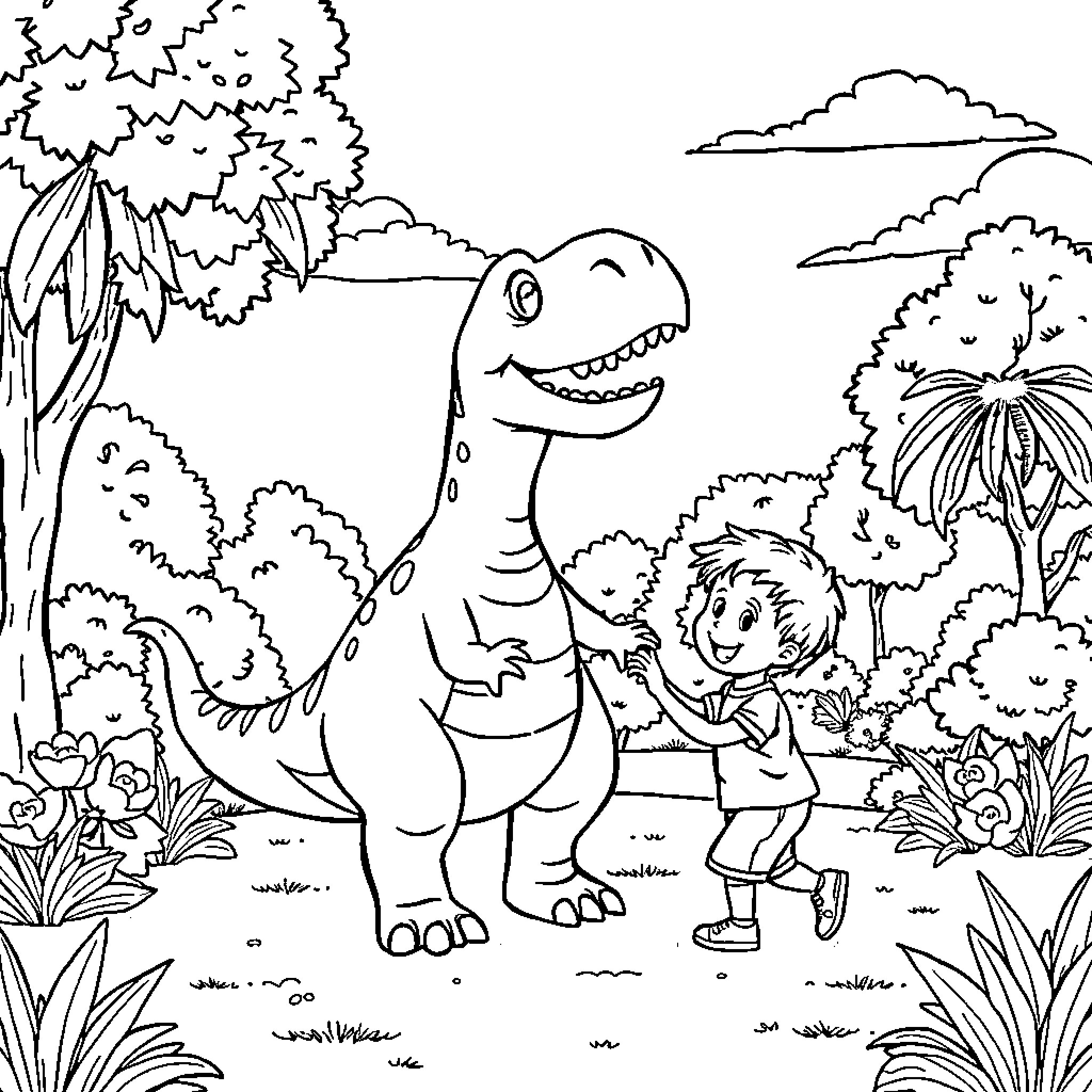 Dinosaur playing with a child in the jungle Coloring Page (free black-and-white line drawing printable PDF for all, from beginners to advanced learners, including children, teens, adults, and seniors)