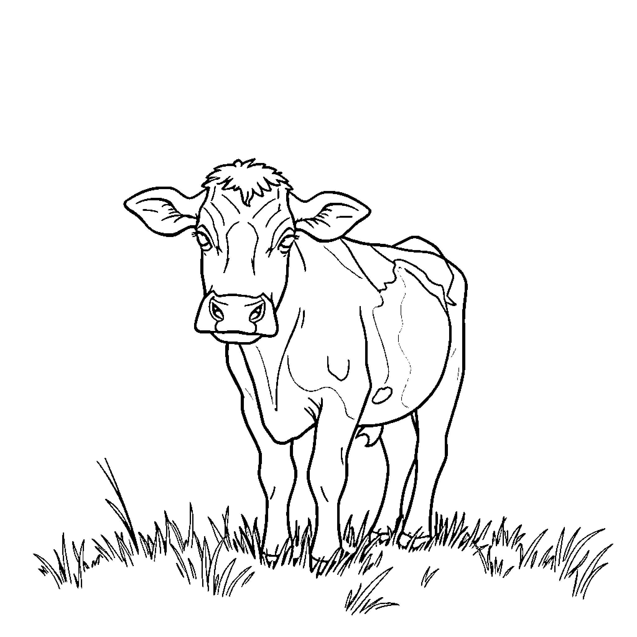 Cow standing in a grassy field Coloring Page (free black-and-white line drawing printable PDF for all, from beginners to advanced learners, including children, teens, adults, and seniors)