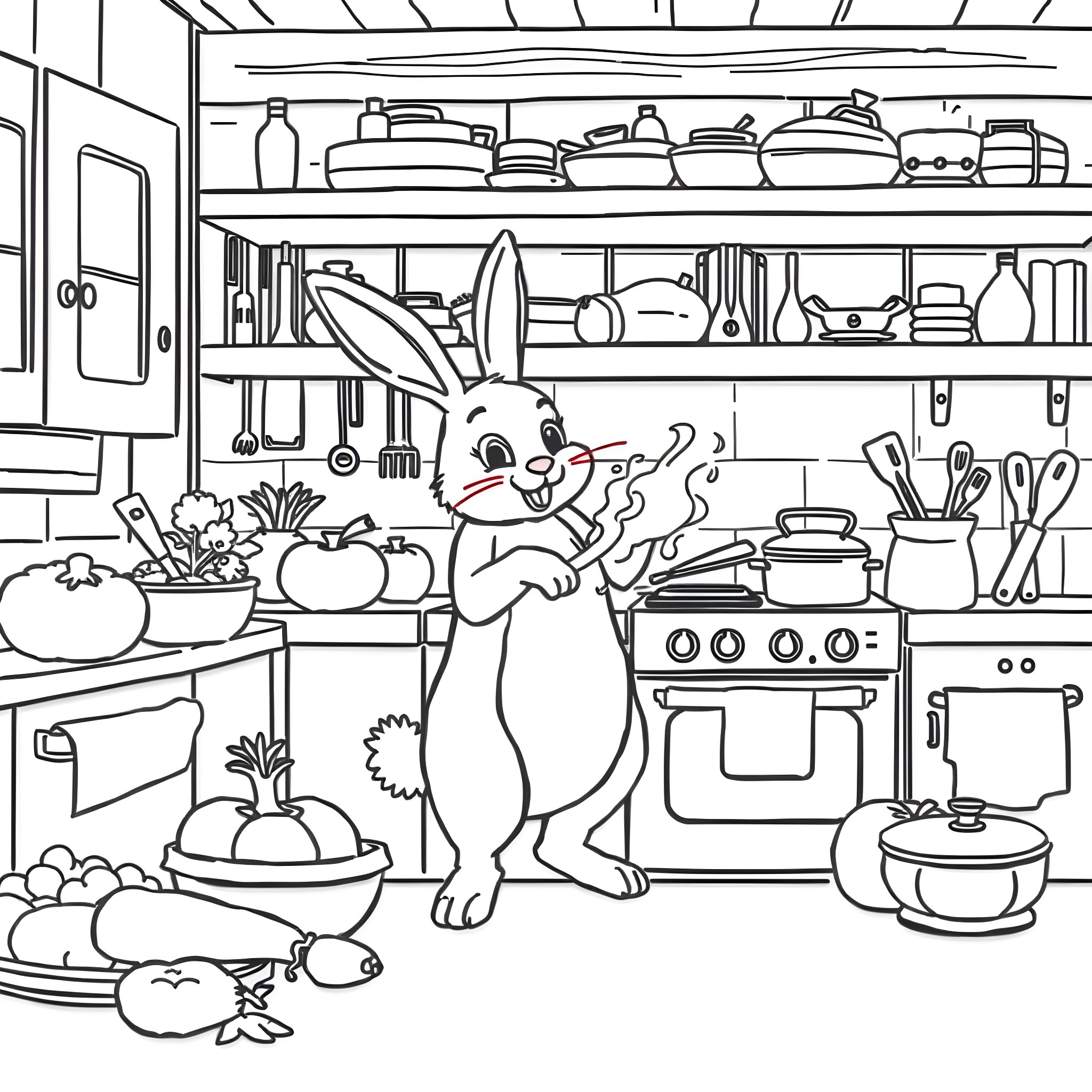 Bunny happily helping in the kitchen Coloring Page (free black-and-white line drawing printable PDF for all, from beginners to advanced learners, including children, teens, adults, and seniors)