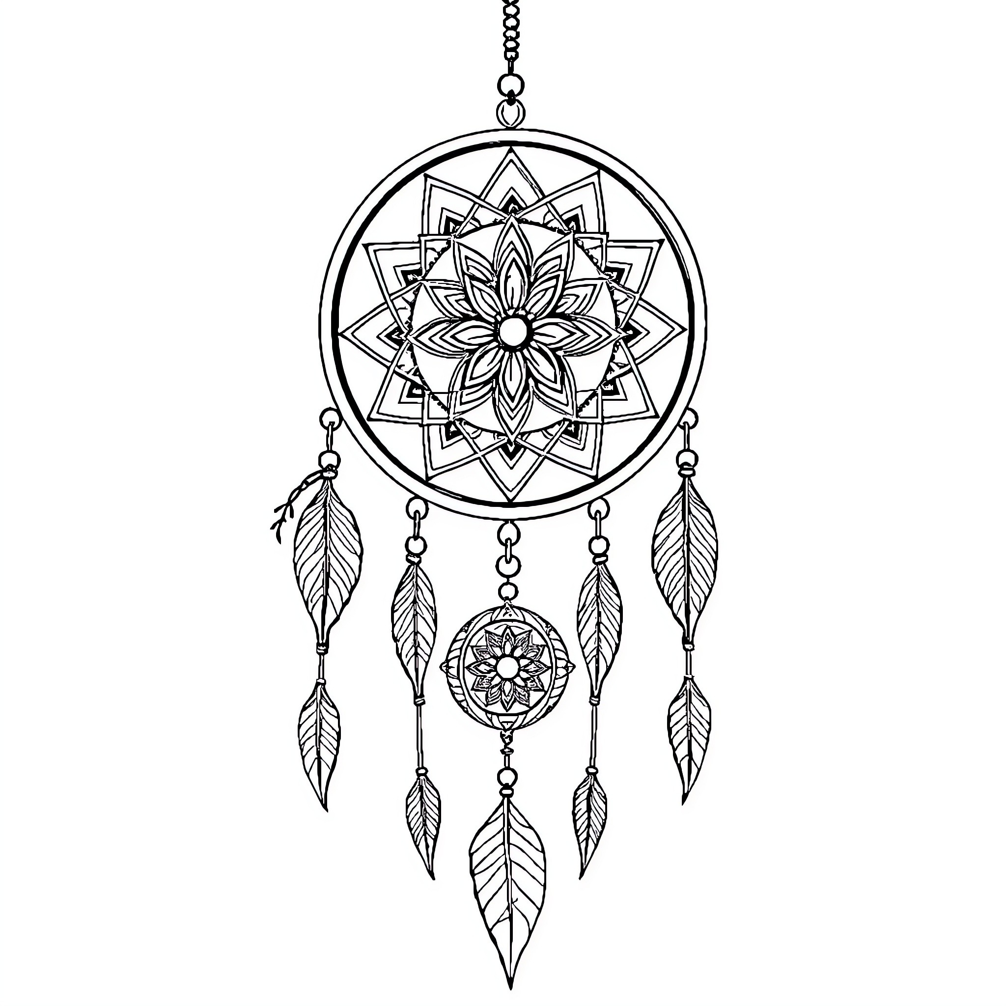 Dreamcatcher with intricate floral and feather design Coloring Page (free black-and-white line drawing printable PDF for all, from beginners to advanced learners, including children, teens, adults, and seniors)