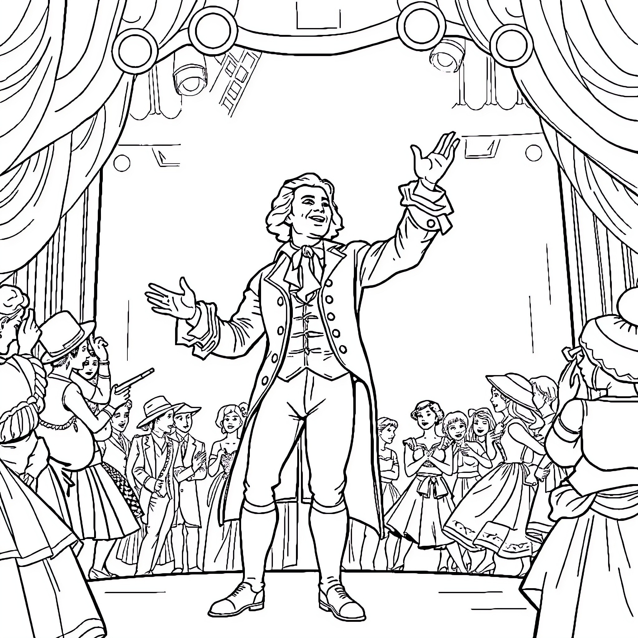 Alexander Hamilton Performing on Stage with Ensemble Coloring Page (free black-and-white line drawing printable PDF for all, from beginners to advanced learners, including children, teens, adults, and seniors)