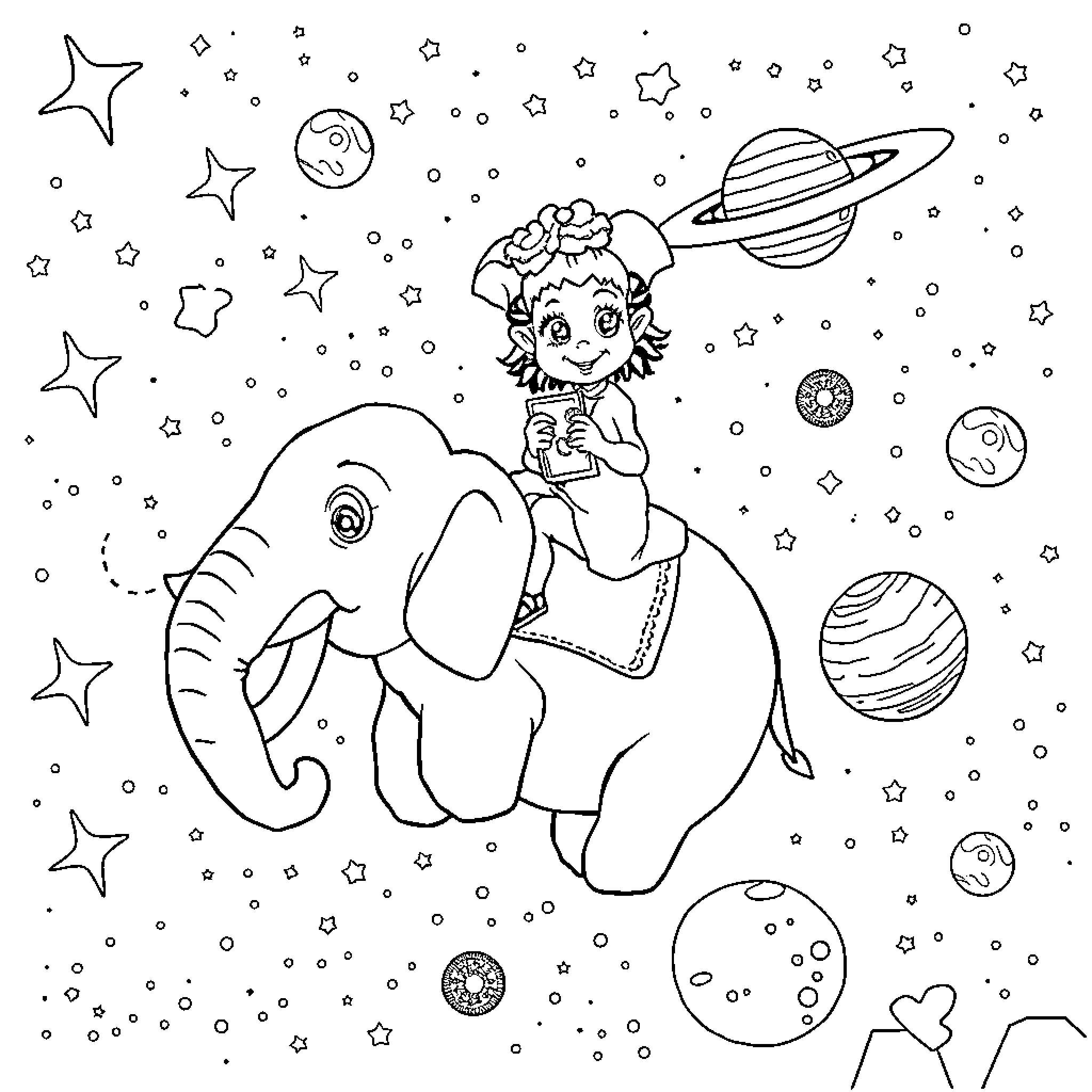 Elphaba's Magical Elephant Ride through the Cosmic Expanse Coloring Page (free black-and-white line drawing printable PDF for all, from beginners to advanced learners, including children, teens, adults, and seniors)