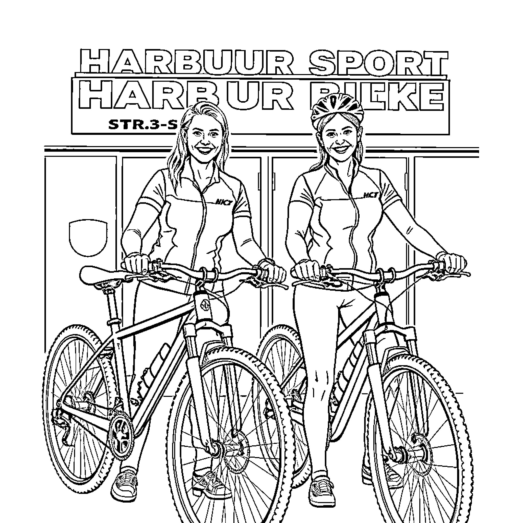 Women posing with bicycles at sports store Coloring Page (free black-and-white line drawing printable PDF for all, from beginners to advanced learners, including children, teens, adults, and seniors)