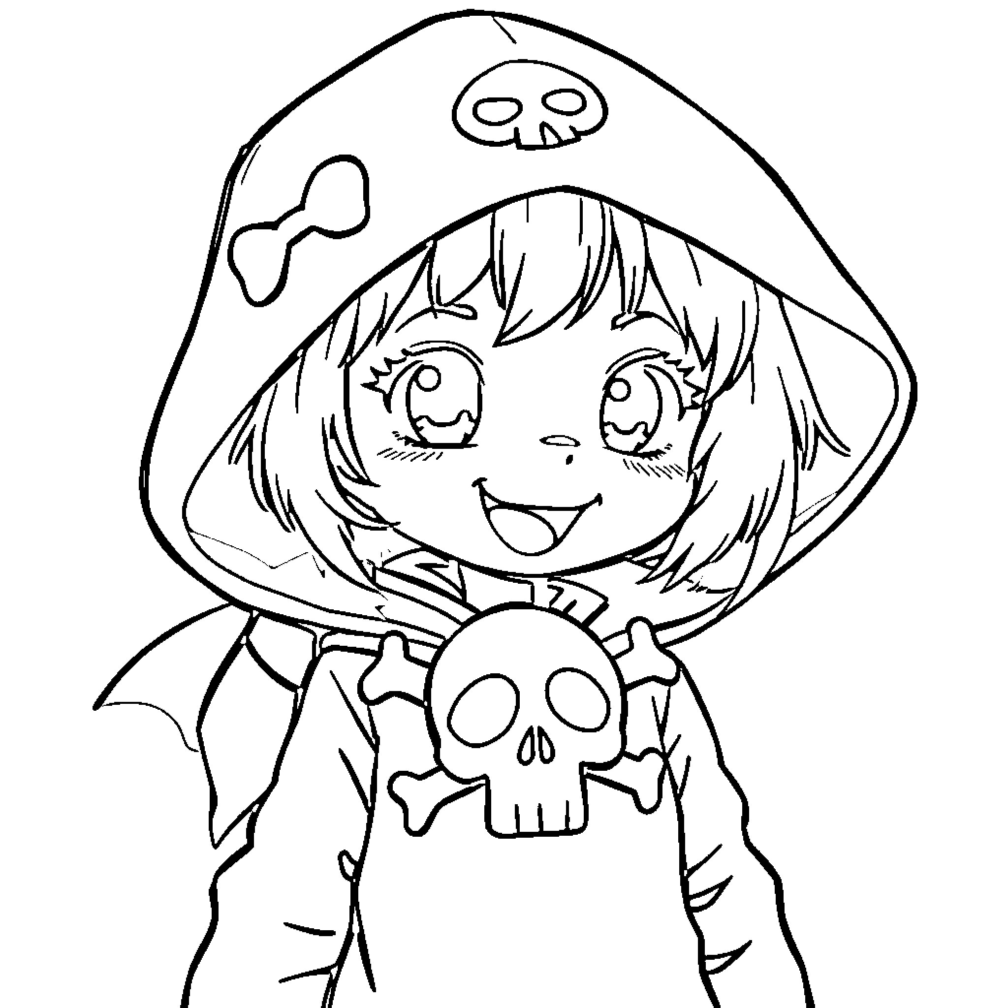 Kuromi in a playful Halloween costume Coloring Page (free black-and-white line drawing printable PDF for all, from beginners to advanced learners, including children, teens, adults, and seniors)