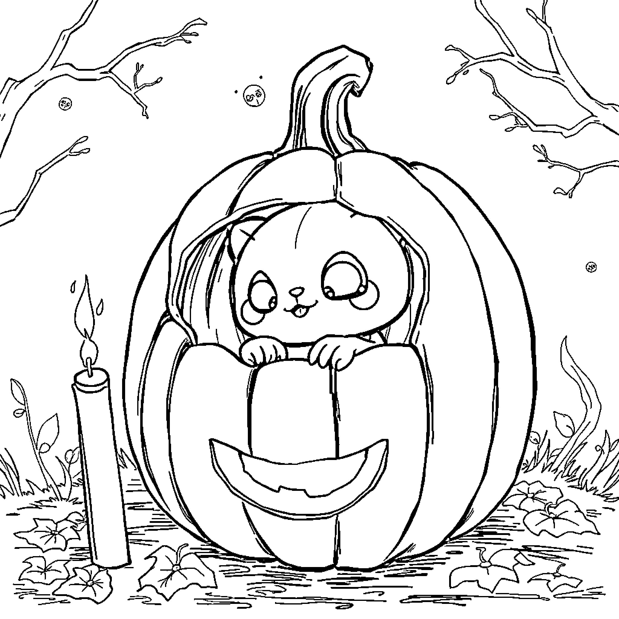 Labubu's Pumpkin Adventure Coloring Page (free black-and-white line drawing printable PDF for all, from beginners to advanced learners, including children, teens, adults, and seniors)