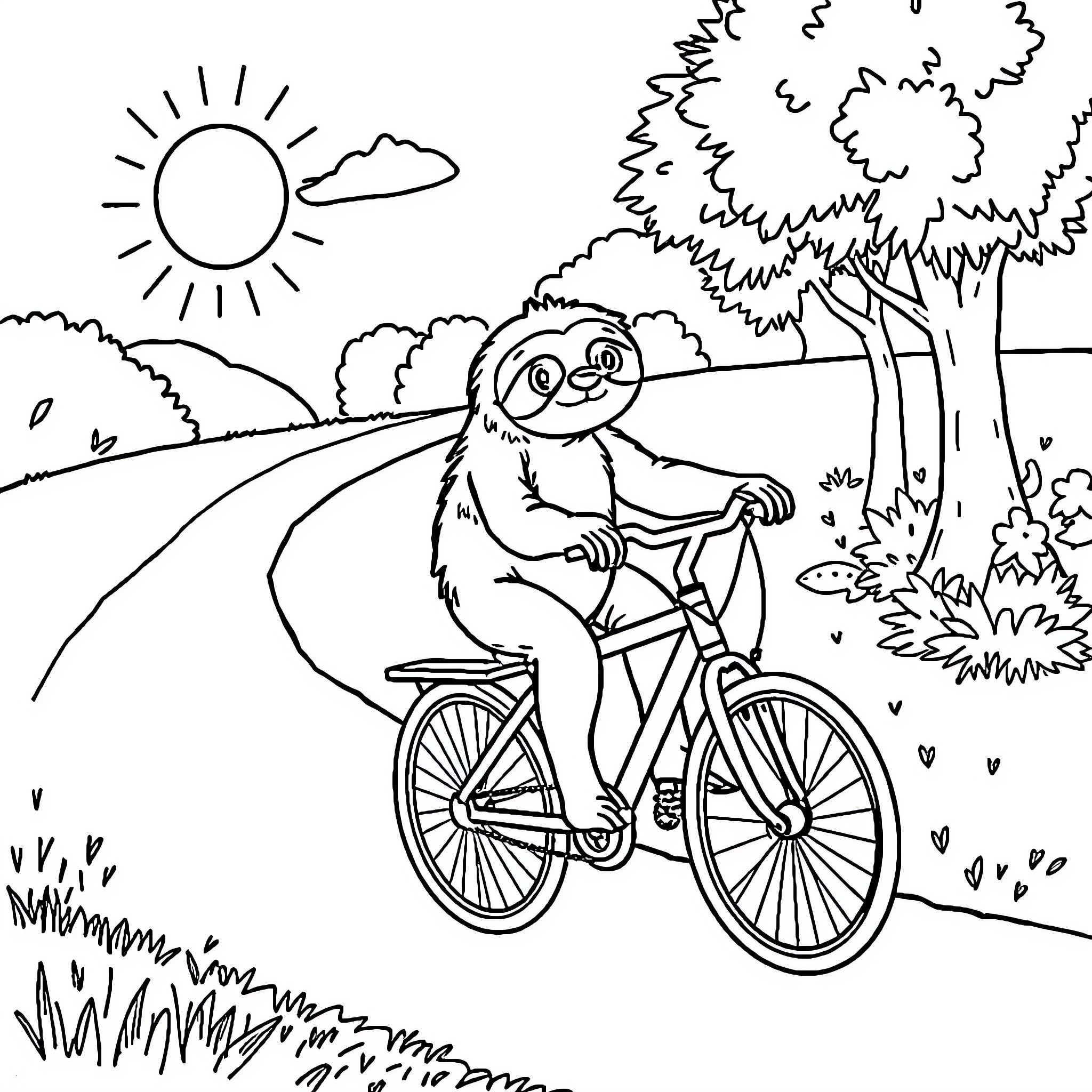 Sloth enjoying a bike ride through the countryside Coloring Page (free black-and-white line drawing printable PDF for all, from beginners to advanced learners, including children, teens, adults, and seniors)